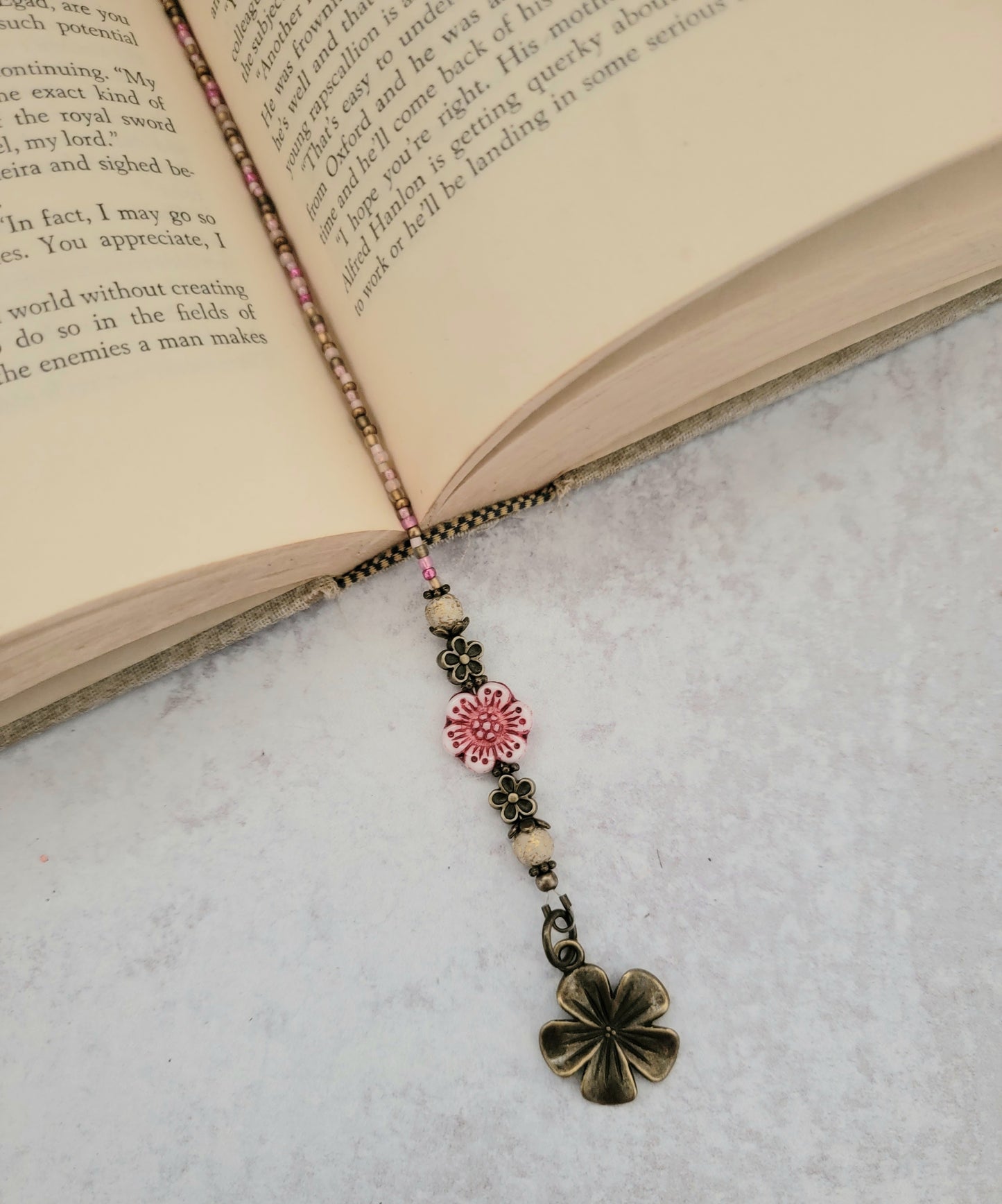 Boho Pink Flower Beaded Bookmark