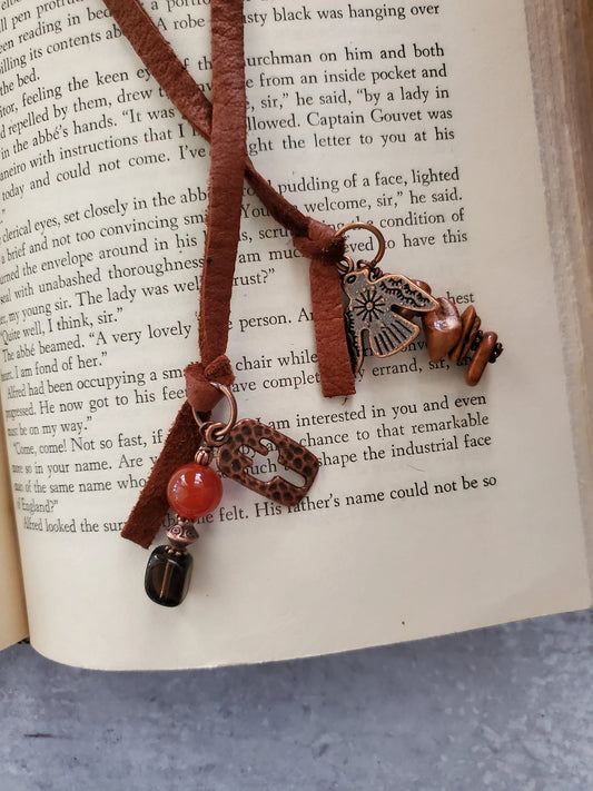 Gemstone Leather Bookmark With Carnelian, Copper Thunderbird Charm