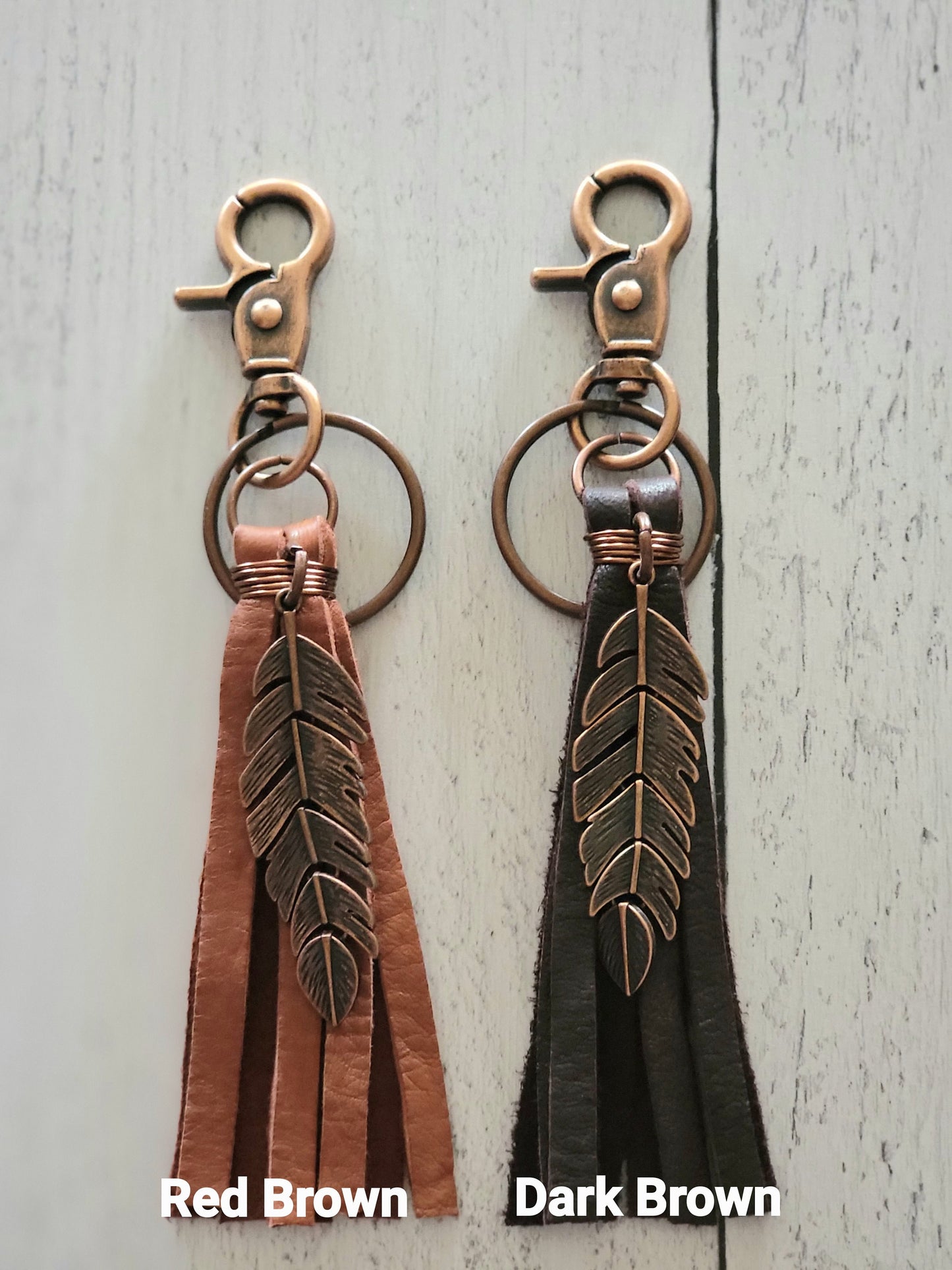 Leather Bag Tassel With Copper Plated Feather Charm