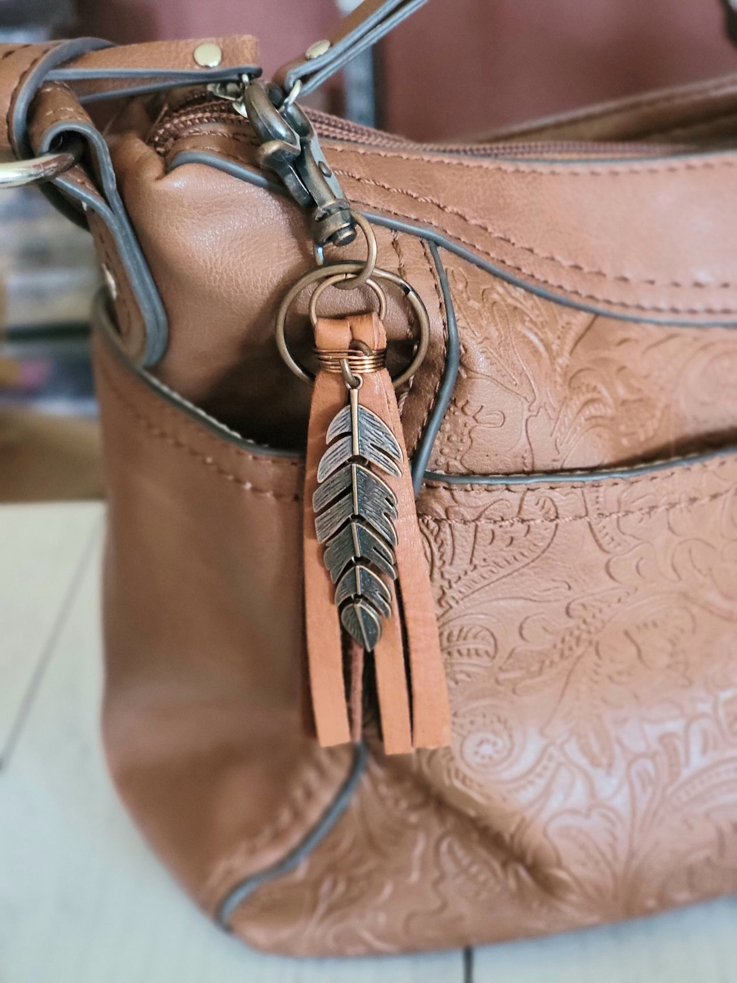 Leather Bag Tassel With Copper Plated Feather Charm