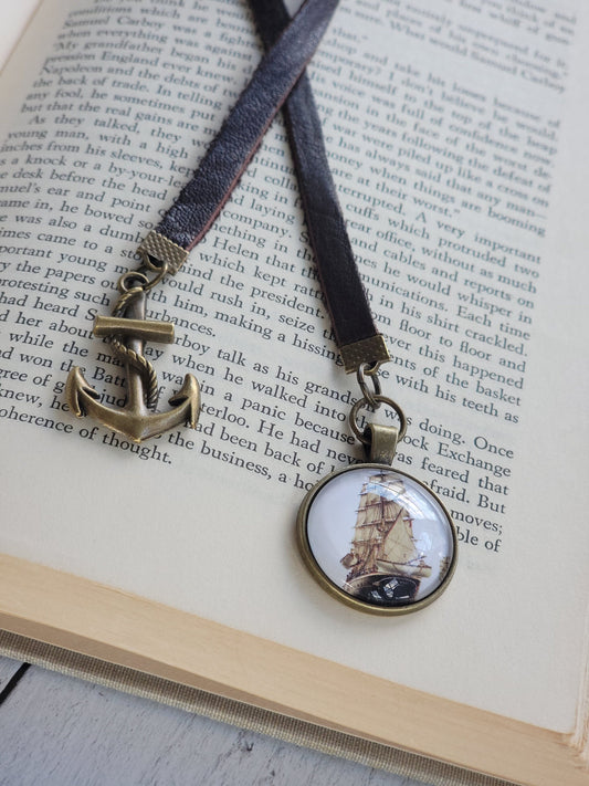 Sailing Ship Bookmark, Vintage Style Leather Bookmarker, Men's Reader Gift
