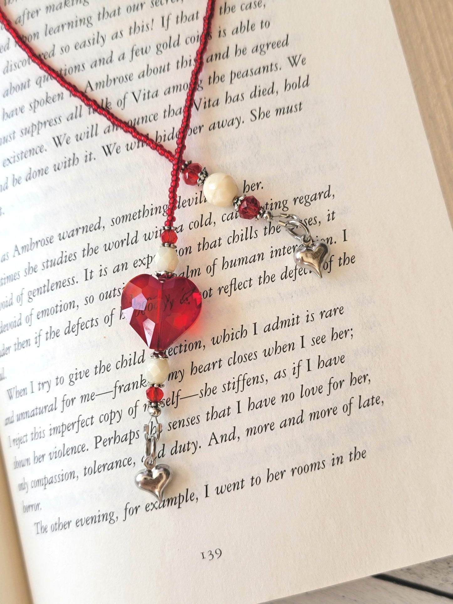 Red Heart Bookmark, Glass Beaded Bookmarker, Gift for Her, Bookworm Gift