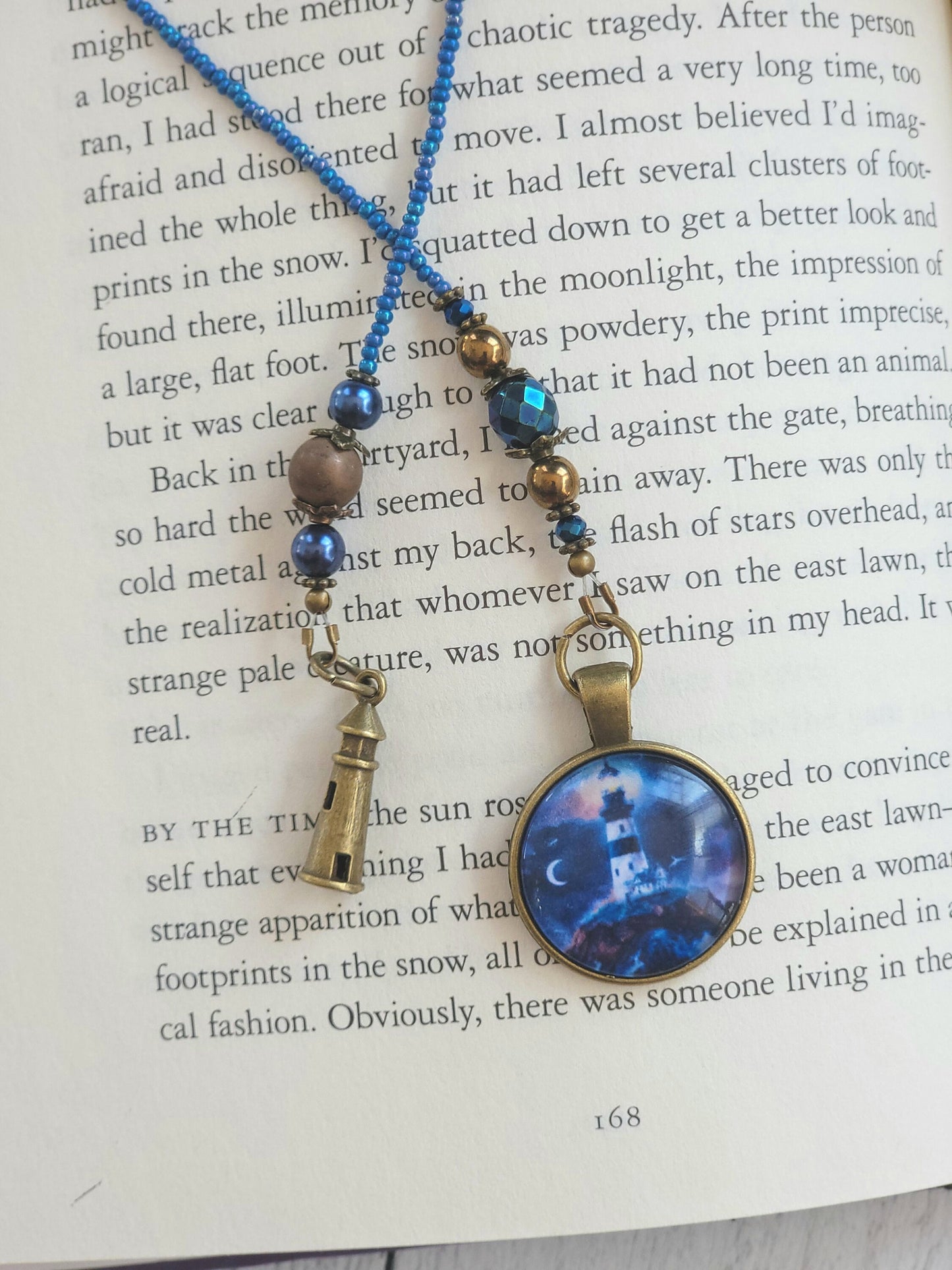 Handmade Beaded Bookmark with Lighthouse Picture Pendant