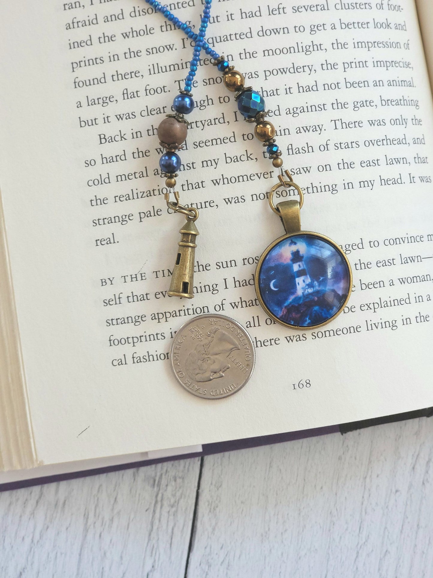 Handmade Beaded Bookmark with Lighthouse Picture Pendant