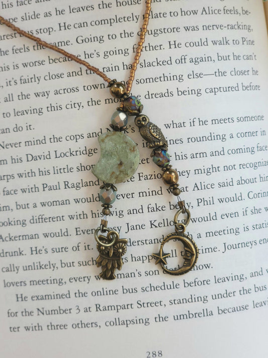 Unique Beaded Bookmark with African Green Opal Crescent Moon and Bronze Plated Owl Detail