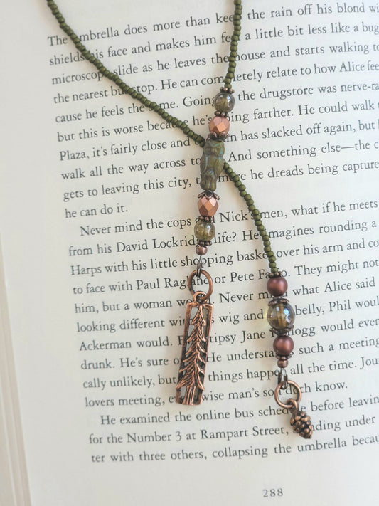 Copper Plate Pine Tree and Owl Beaded Bookmark with Bohemian Charm