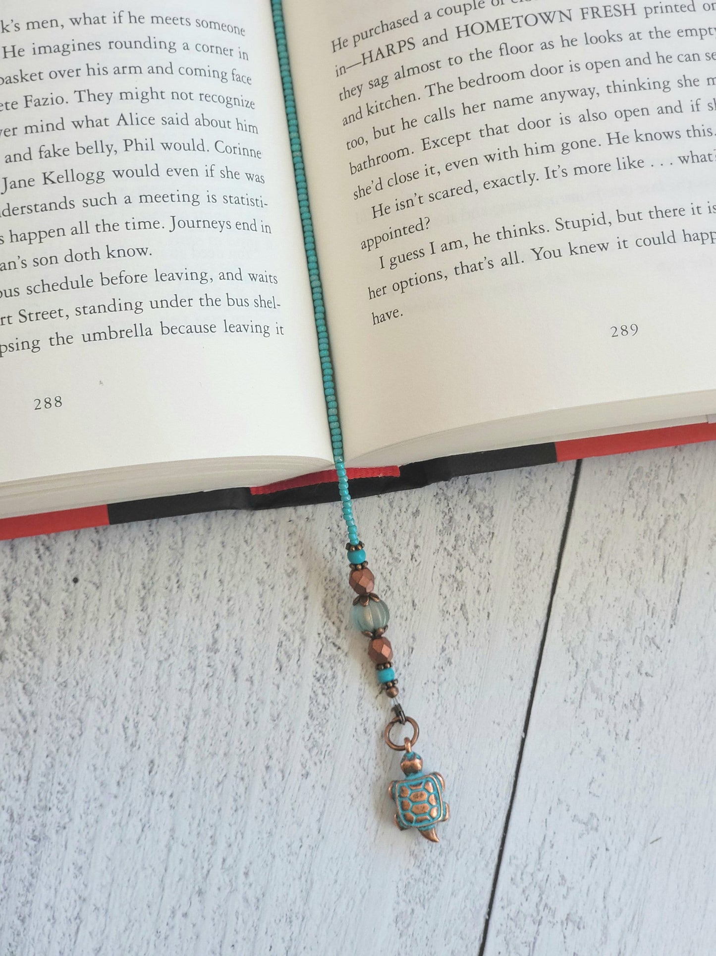 Turquoise and Copper Beaded Bookmark with Adorable Turtle Charm