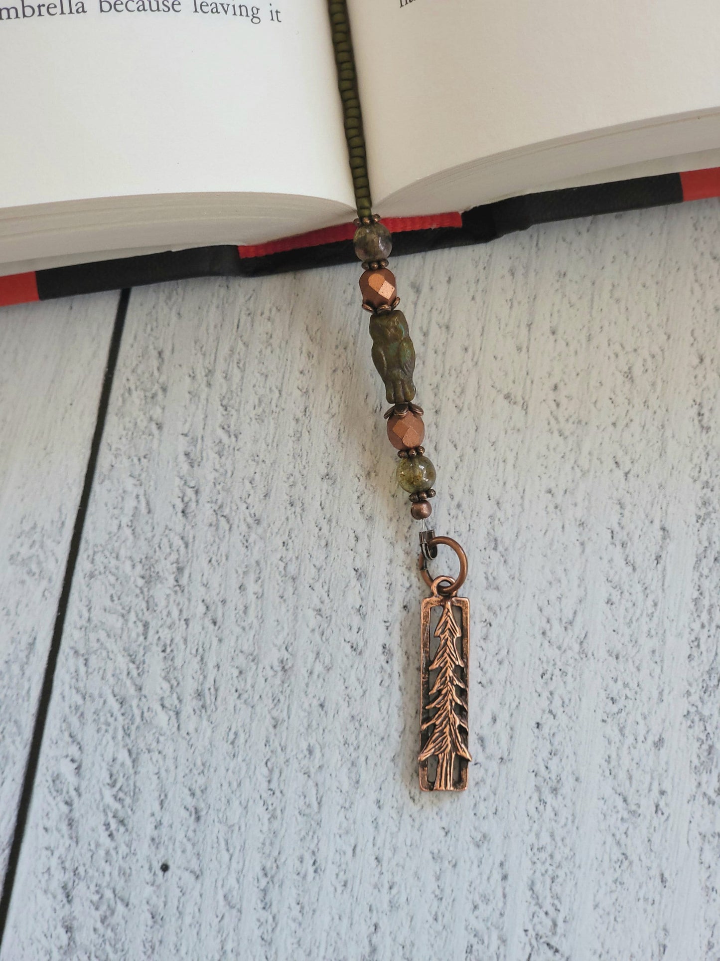 Copper Plate Pine Tree and Owl Beaded Bookmark with Bohemian Charm