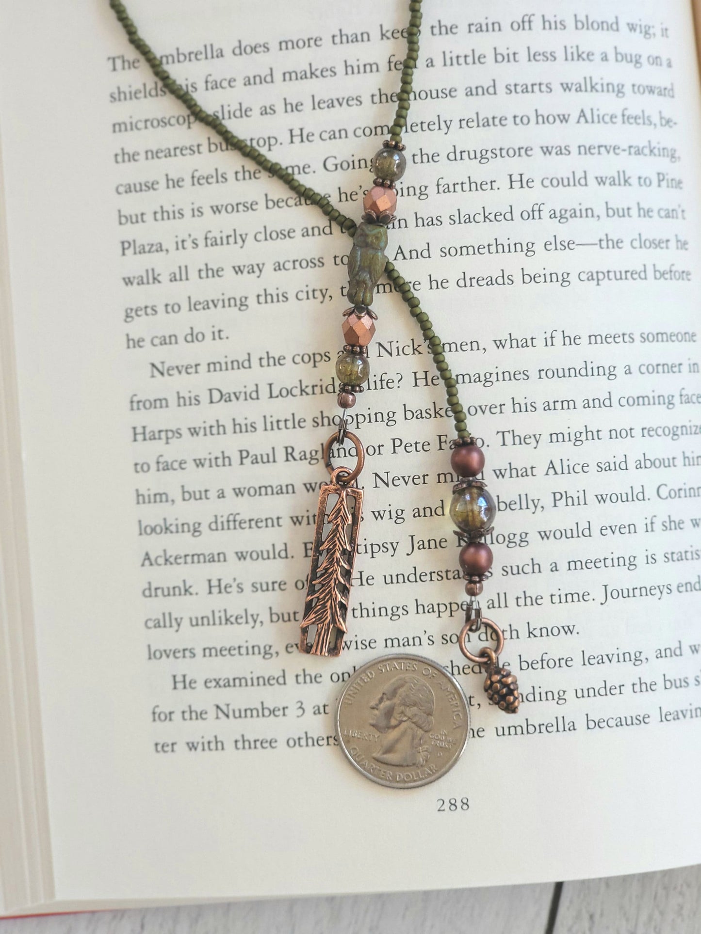 Copper Plate Pine Tree and Owl Beaded Bookmark with Bohemian Charm