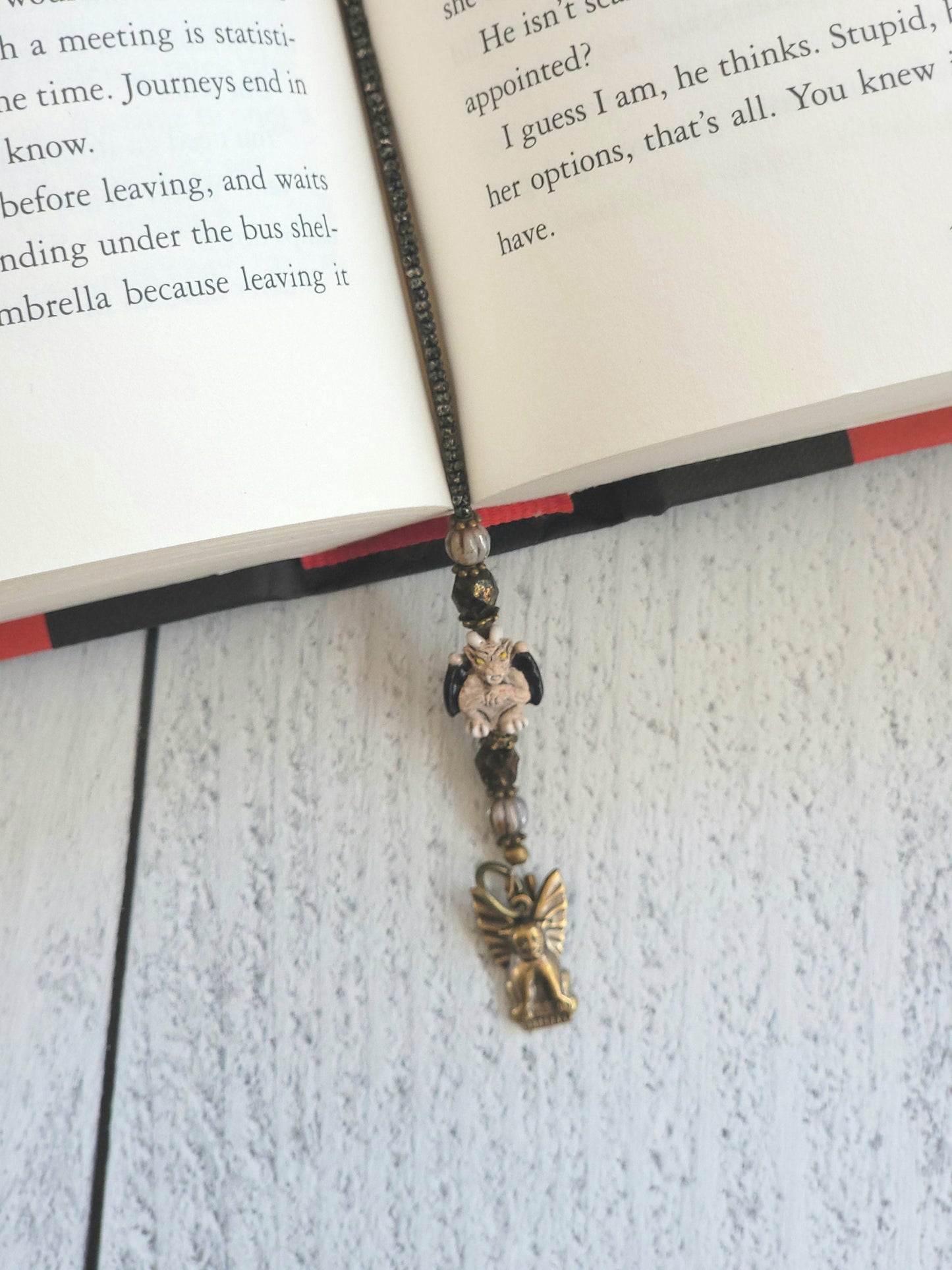 Handmade Beaded Bookmark with Adorable Tiny Gargoyle Bead and Charm