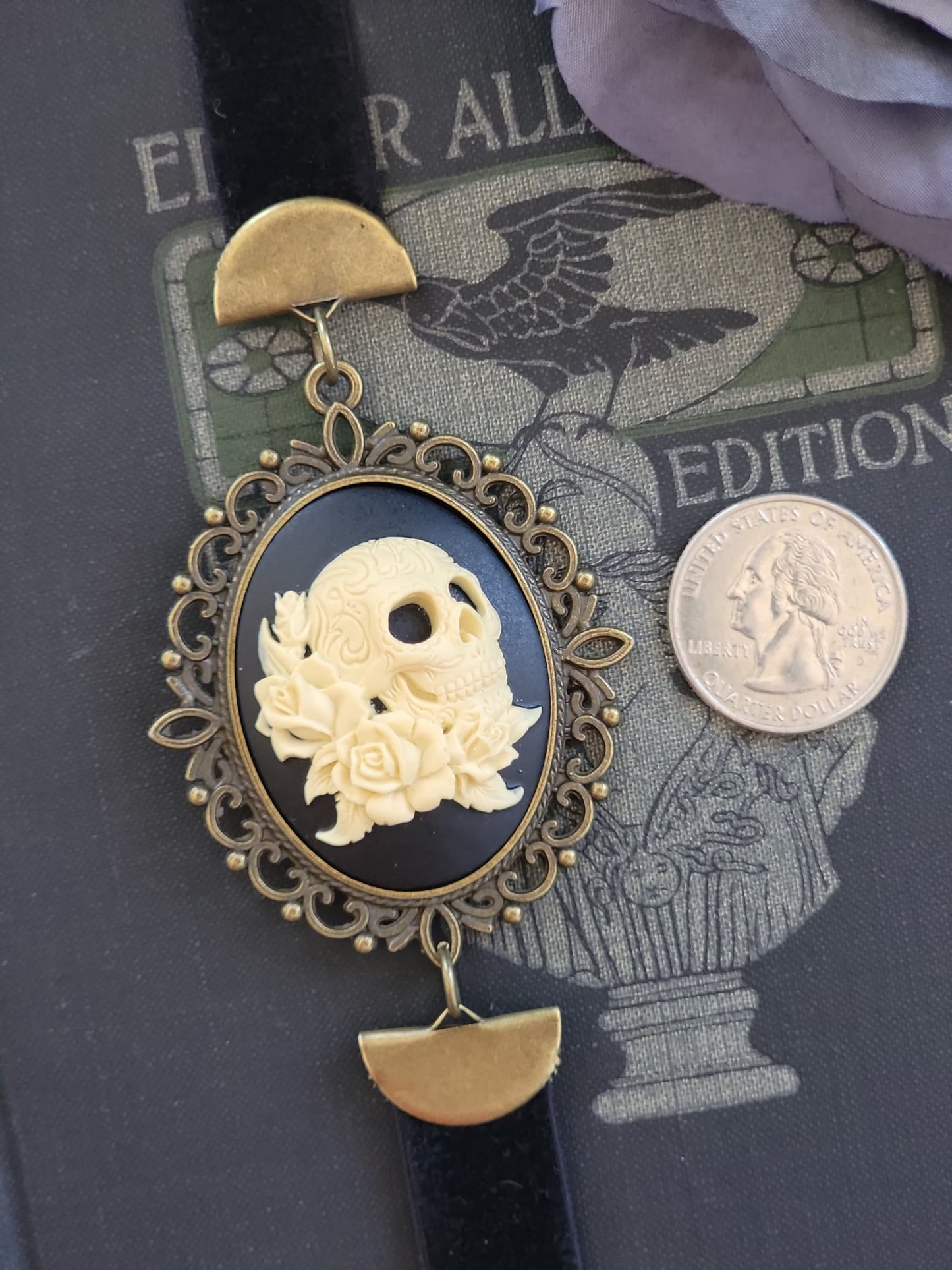 Large Size Victorian Gothic Elastic Velvet Ribbon Bookmark with Ivory on Black Skull and Roses Cameo