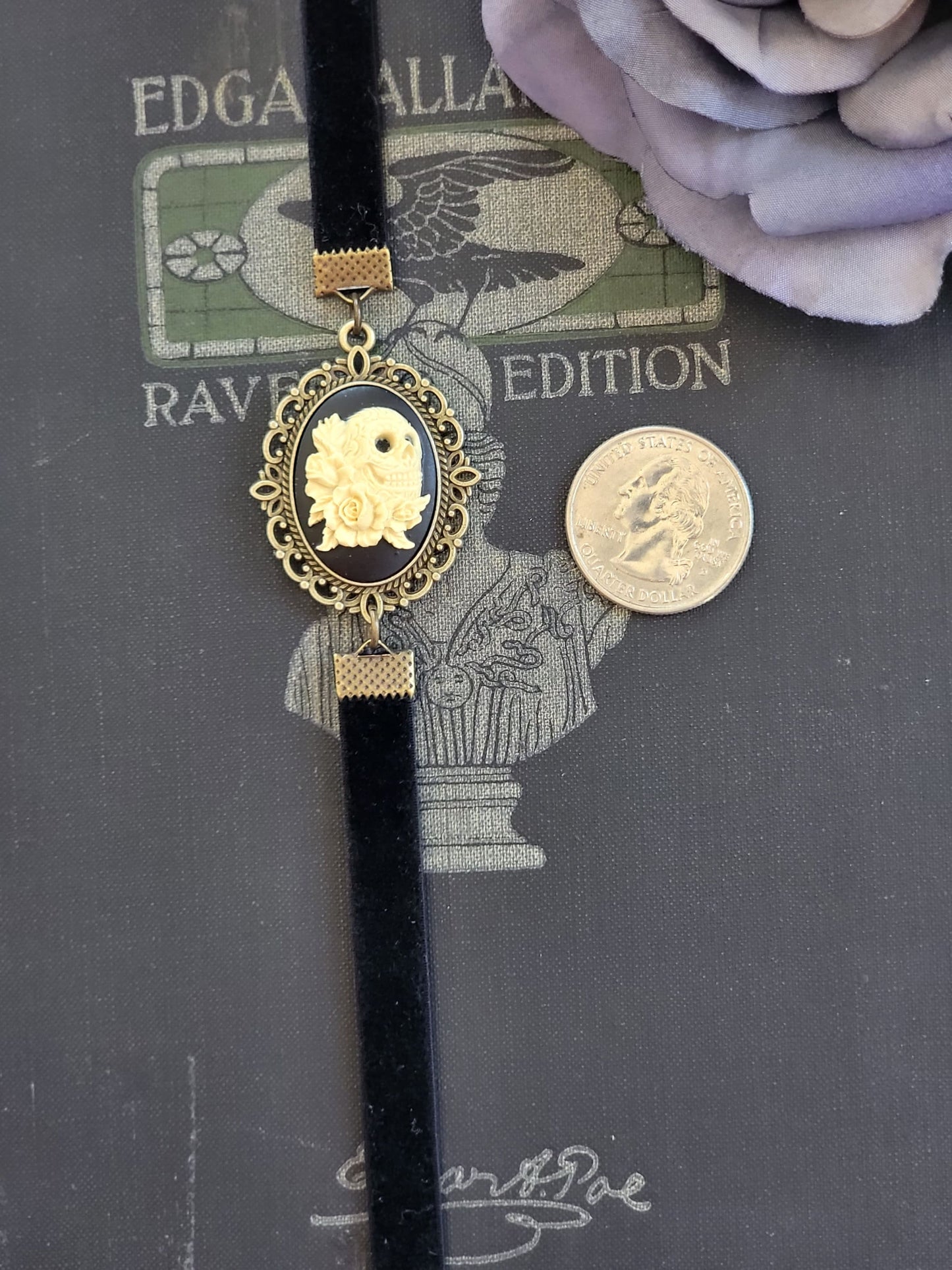 Small Size Victorian Gothic Elastic Velvet Ribbon Bookmark with Ivory on Black Skull and Roses Cameo