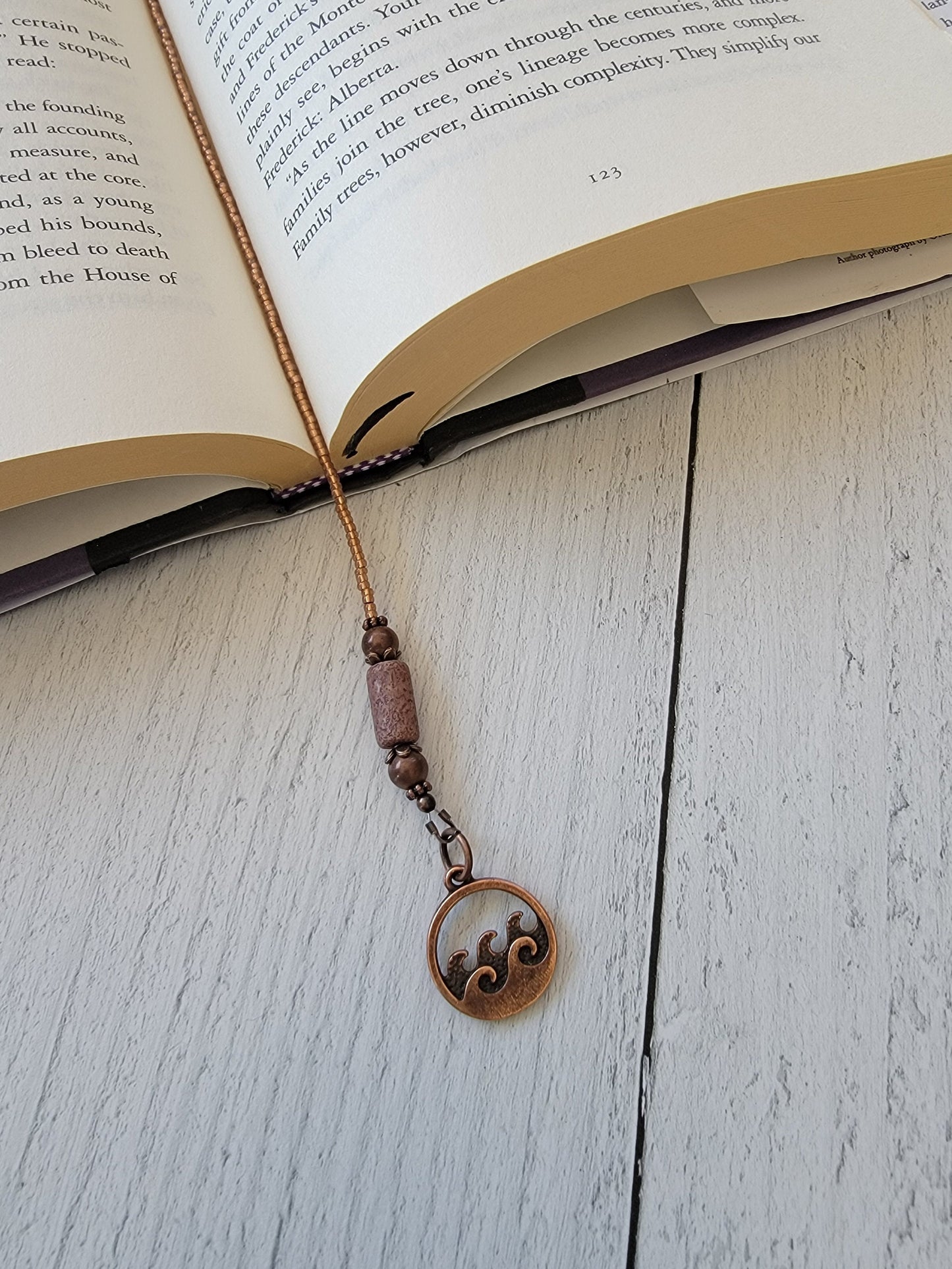 Whimsical Bookmark featuring Ocean Wave and Starfish Copper Plated Charms, Book And Beach Lover Gift