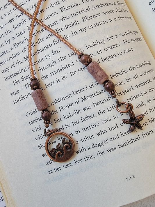 Whimsical Bookmark featuring Ocean Wave and Starfish Copper Plated Charms, Book And Beach Lover Gift