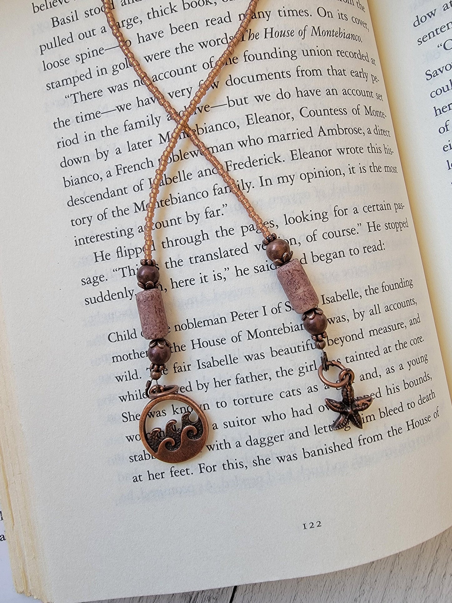 Whimsical Bookmark featuring Ocean Wave and Starfish Copper Plated Charms, Book And Beach Lover Gift