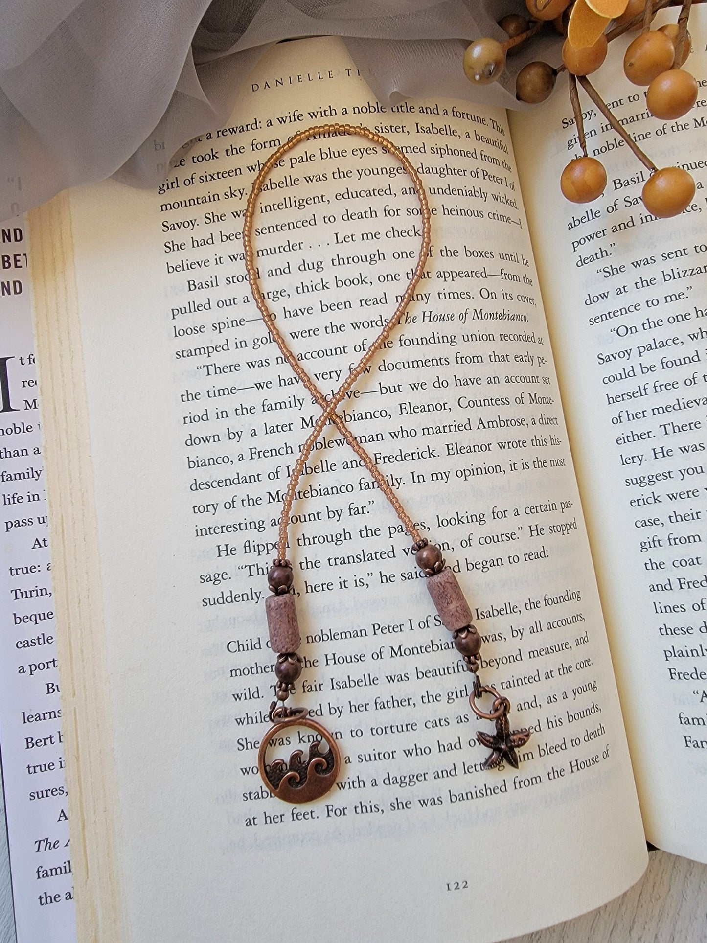 Whimsical Bookmark featuring Ocean Wave and Starfish Copper Plated Charms, Book And Beach Lover Gift