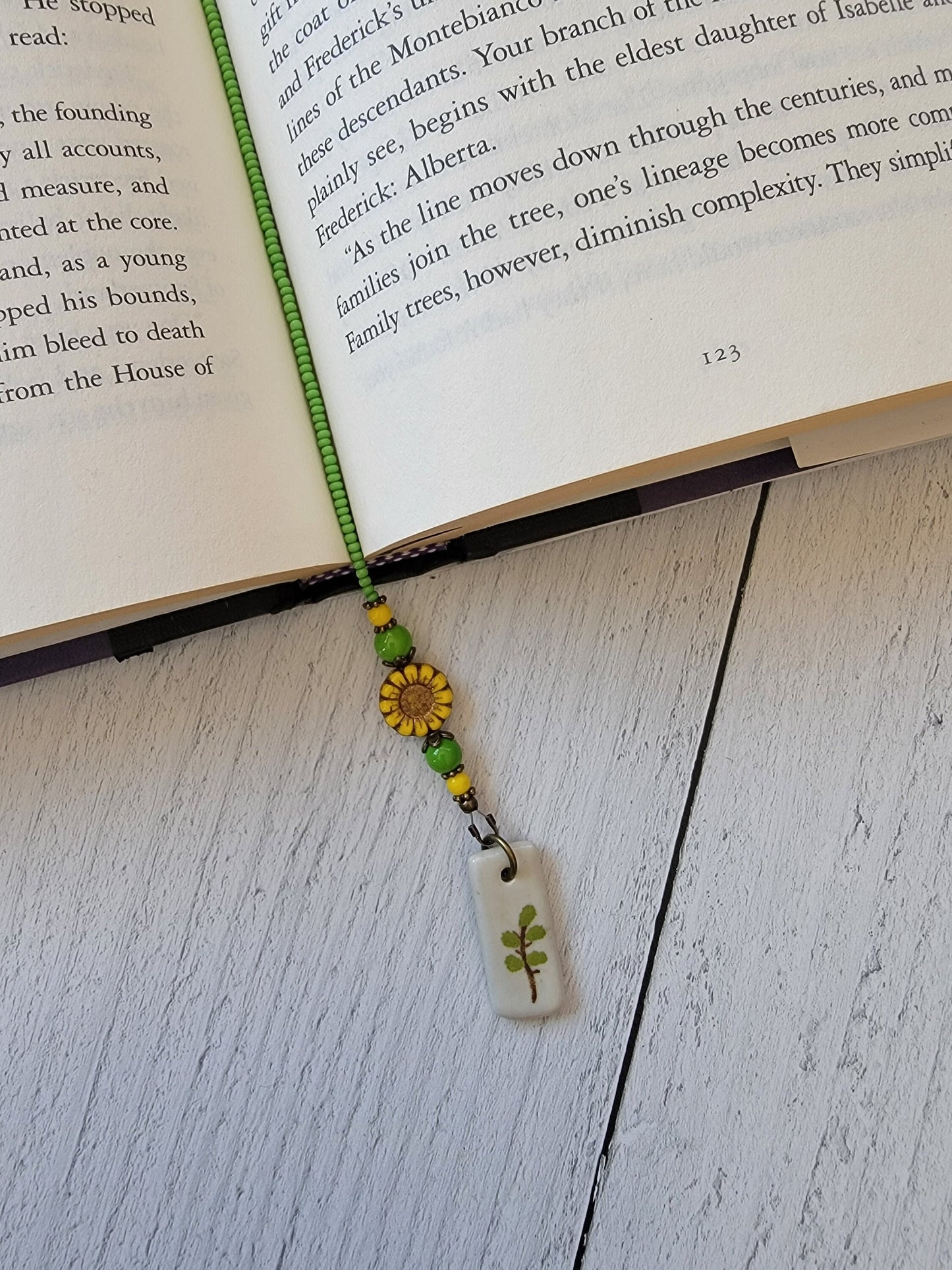 Nature-Inspired Beaded Bookmark with Czech Sunflower Bead and Leaf Charms