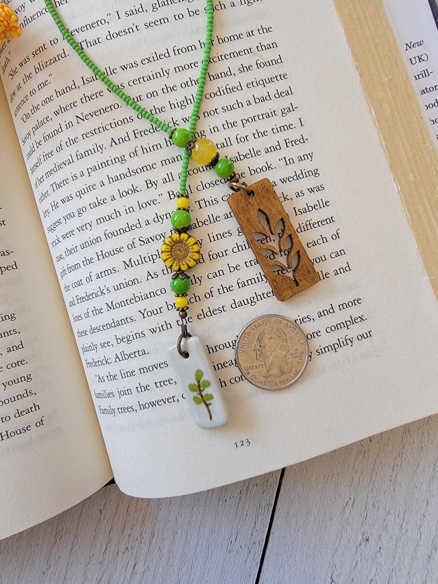 Nature-Inspired Beaded Bookmark with Czech Sunflower Bead and Leaf Charms