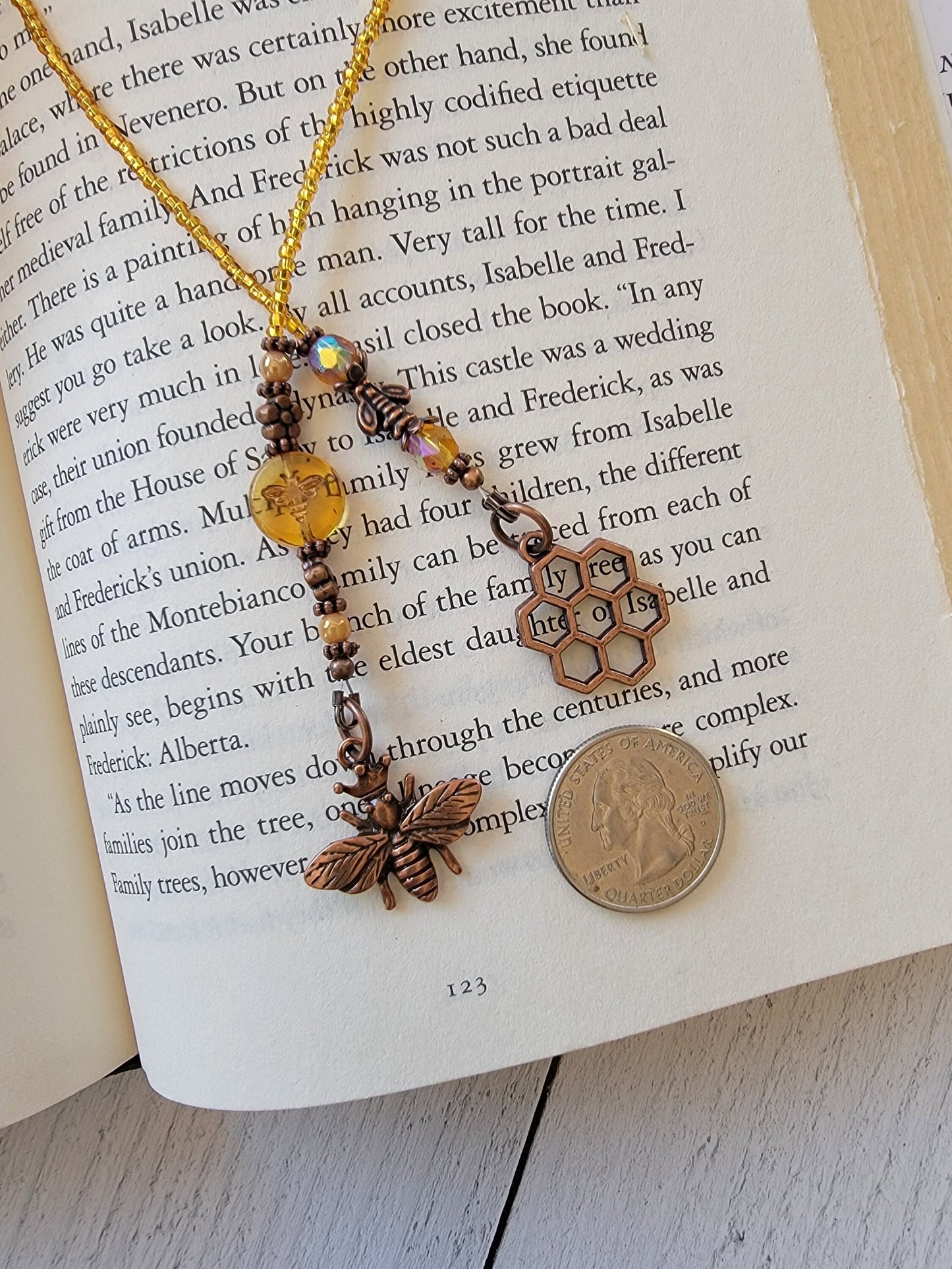 Bee-inspired Beaded Bookmark with Honey Colored Bee Bead and Copper Queen Bee & Honeycomb Charms