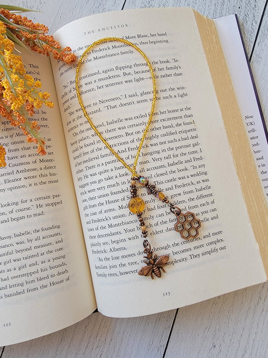 Bee-inspired Beaded Bookmark with Honey Colored Bee Bead and Copper Queen Bee & Honeycomb Charms