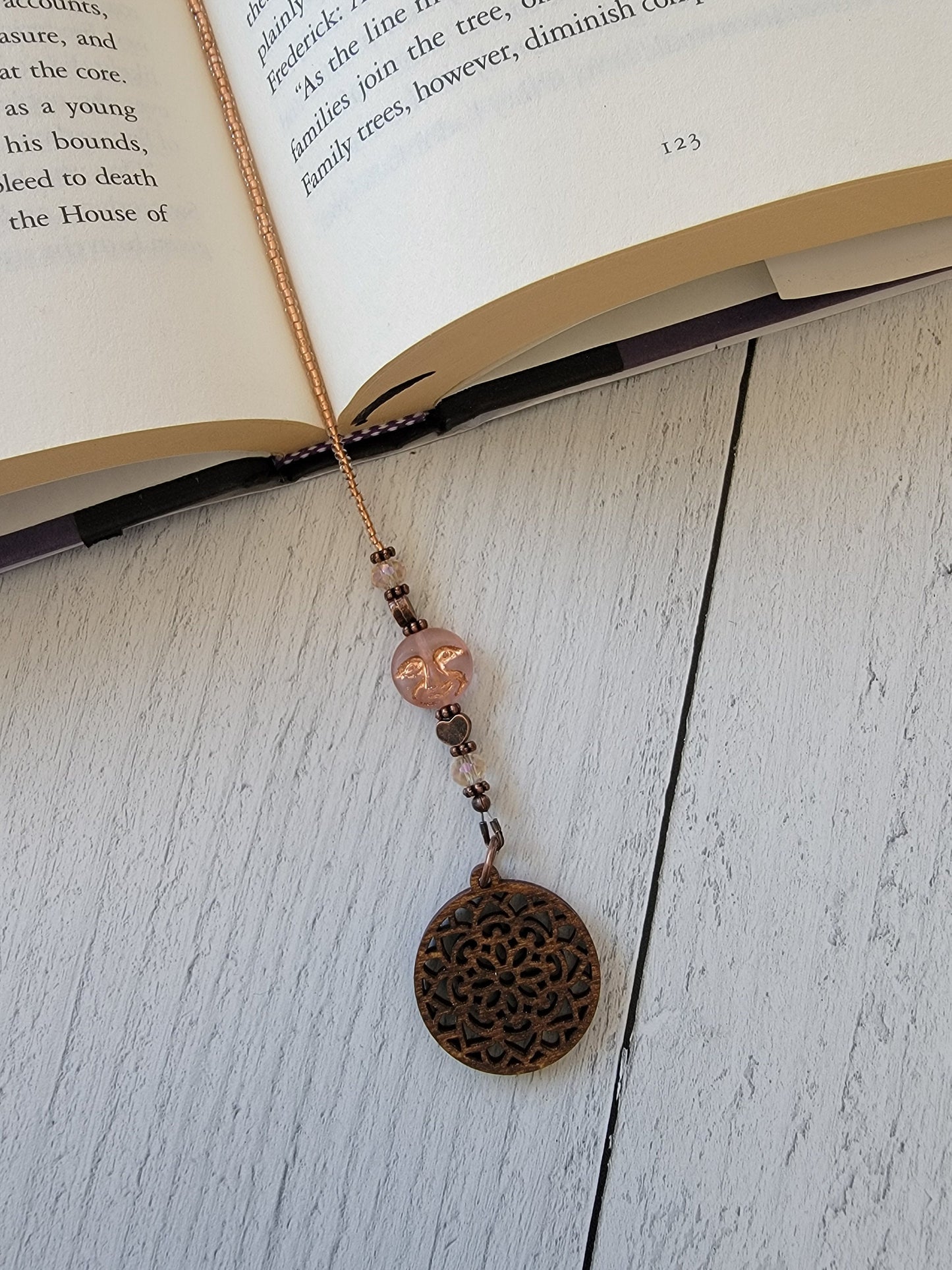 Celestial Inspired Beaded Bookmark with Man in the Moon Czech Glass Bead and Wood Mandala Charm