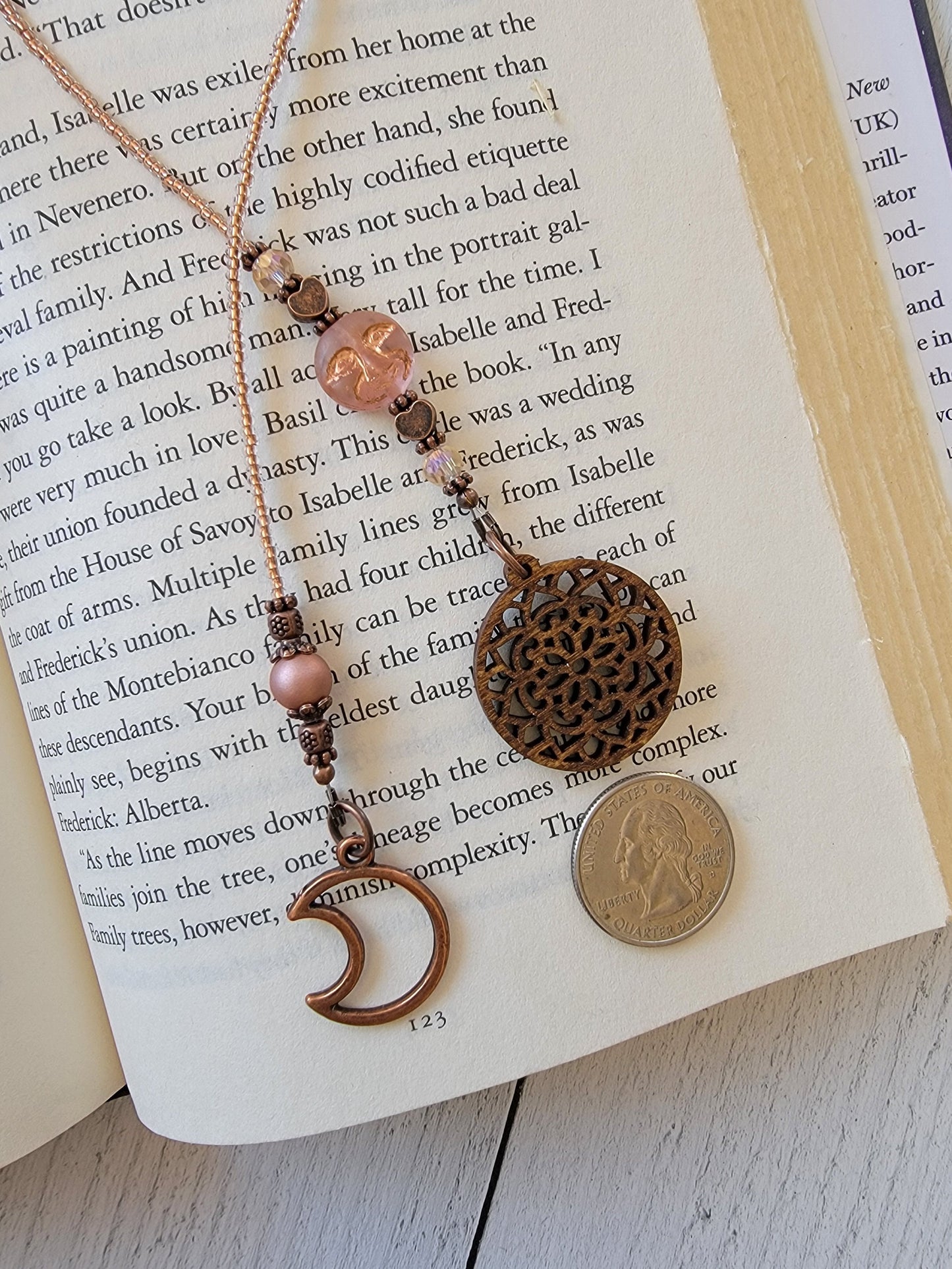Celestial Inspired Beaded Bookmark with Man in the Moon Czech Glass Bead and Wood Mandala Charm