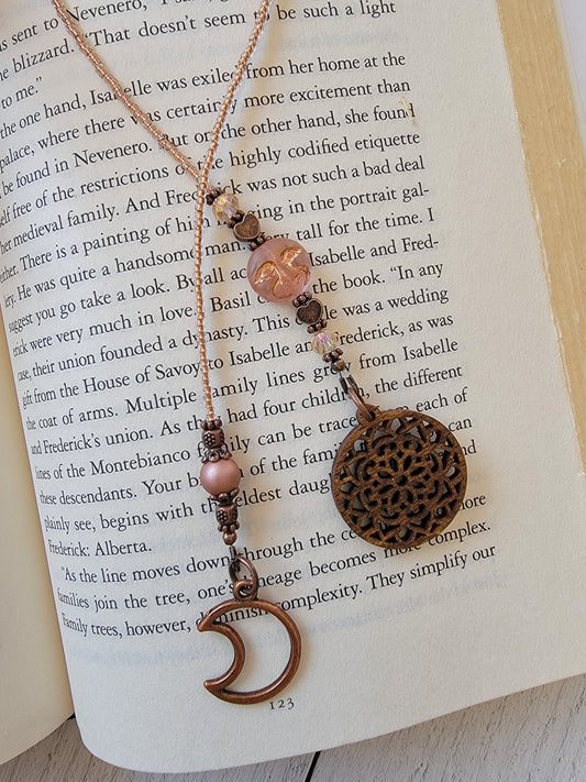 Celestial Inspired Beaded Bookmark with Man in the Moon Czech Glass Bead and Wood Mandala Charm