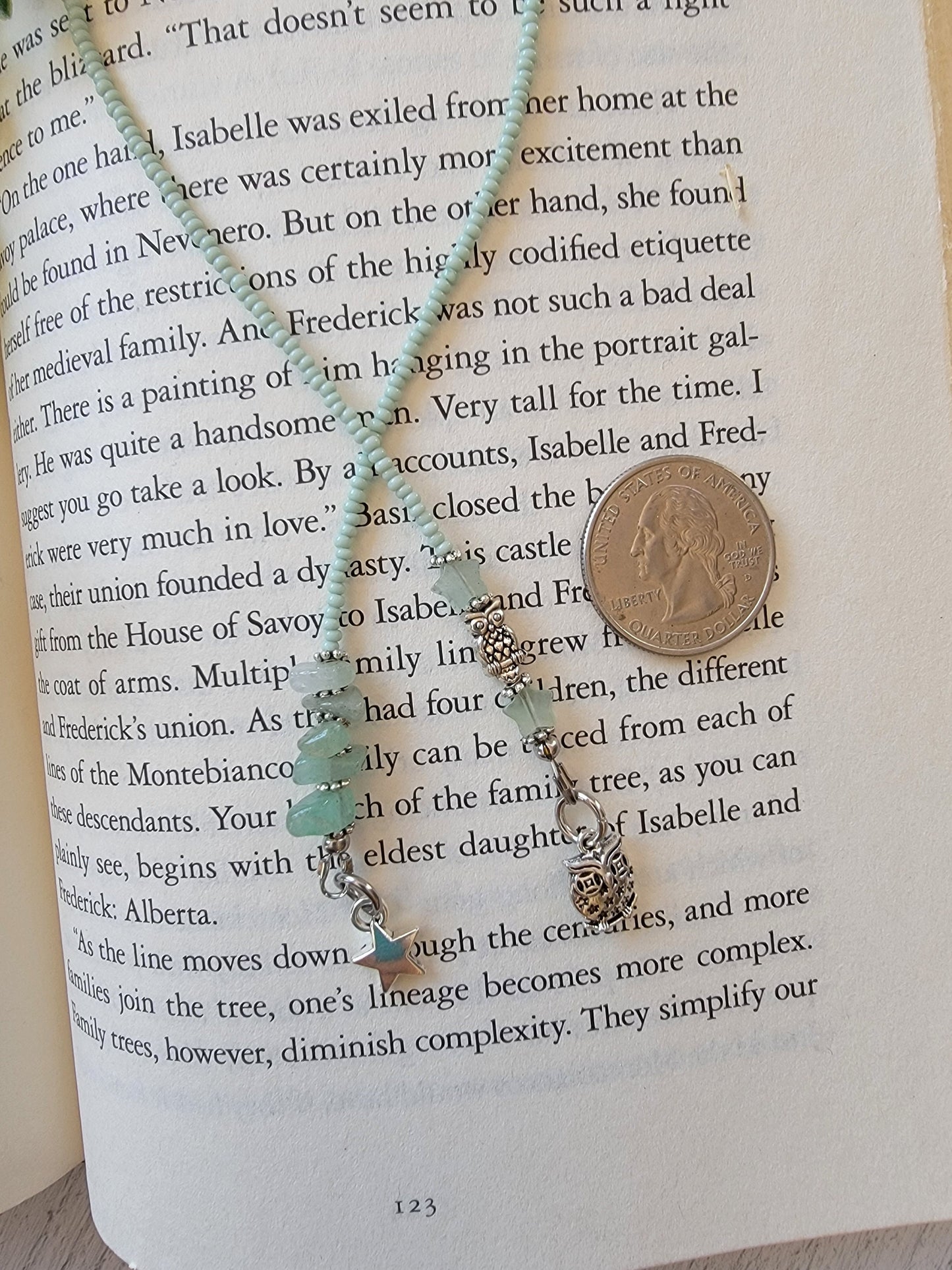 Minimal Style Beaded Bookmark with Aventurine Stone Star Bead and Silver Plated Owl Bead