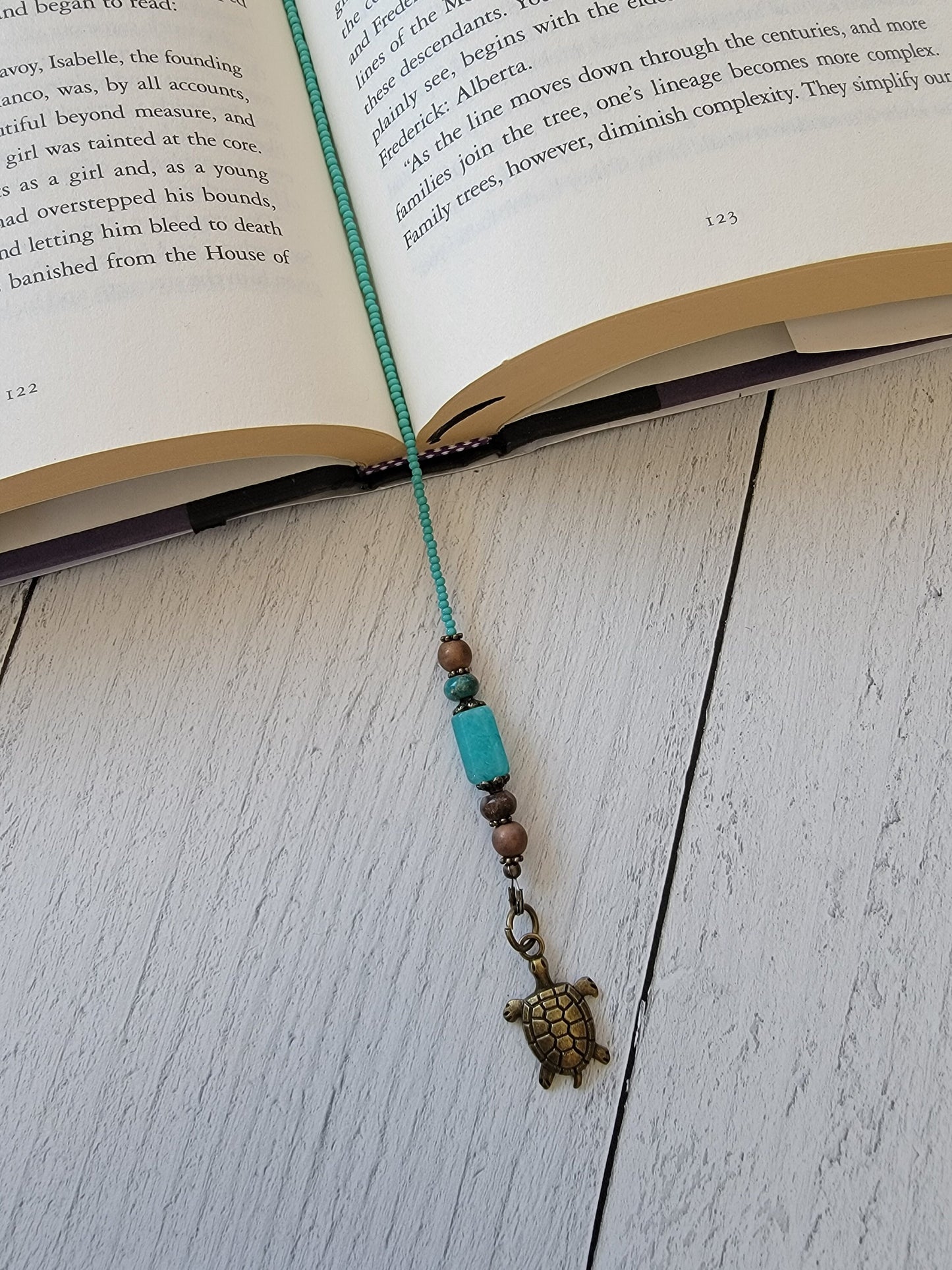 Unique Handmade Beaded Bookmark with Amazonite Bead and Sea Turtle Charm - Coastal Reader's Gift