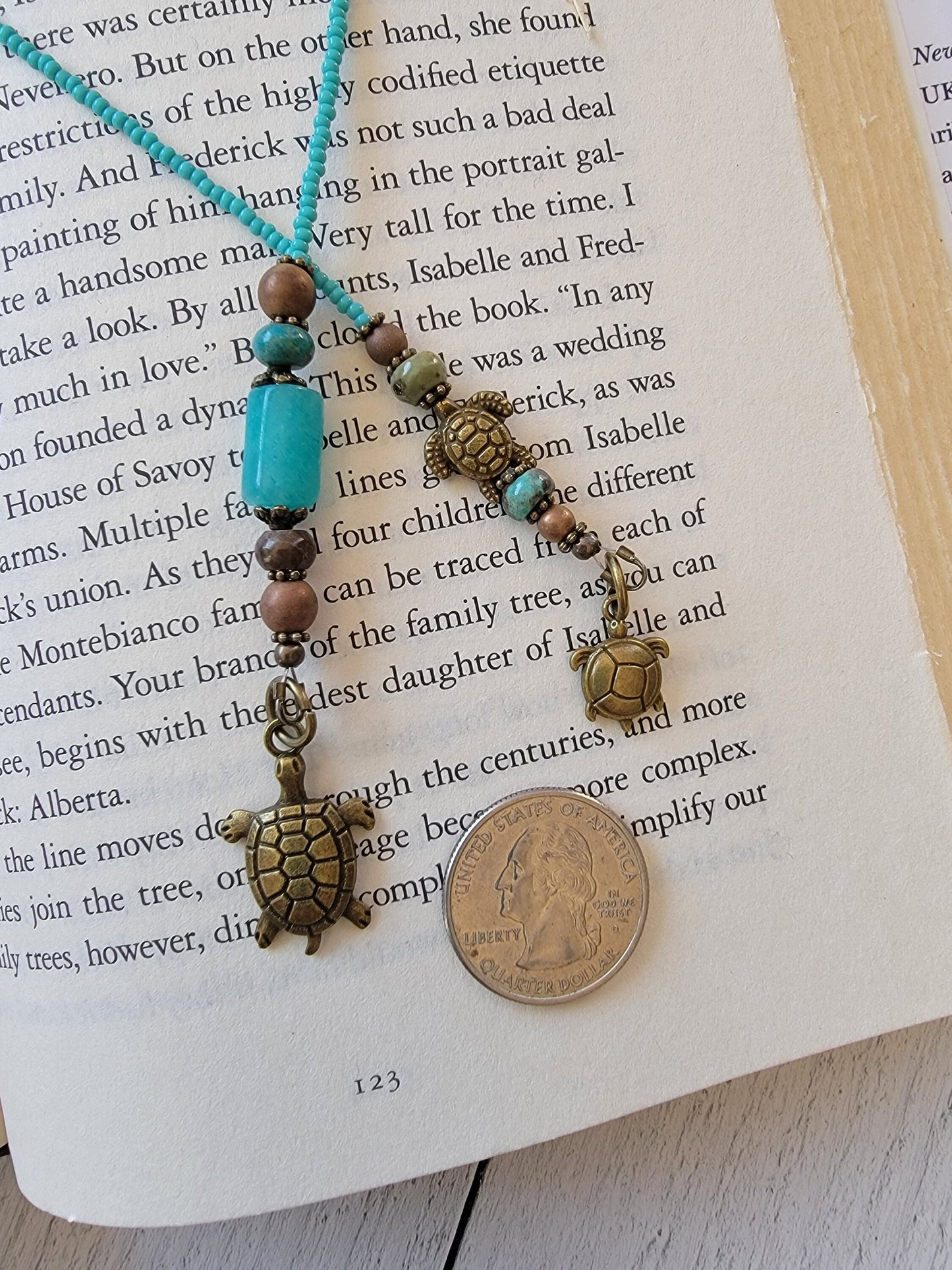 Unique Handmade Beaded Bookmark with Amazonite Bead and Sea Turtle Charm - Coastal Reader's Gift