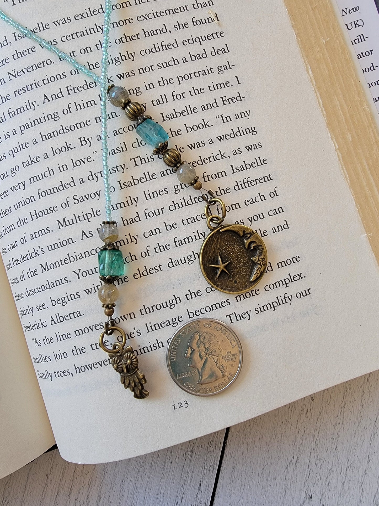 Apatite and Labradorite Beaded Bookmark with Bronze Moon and Owl Charms, Unique Literary Gift