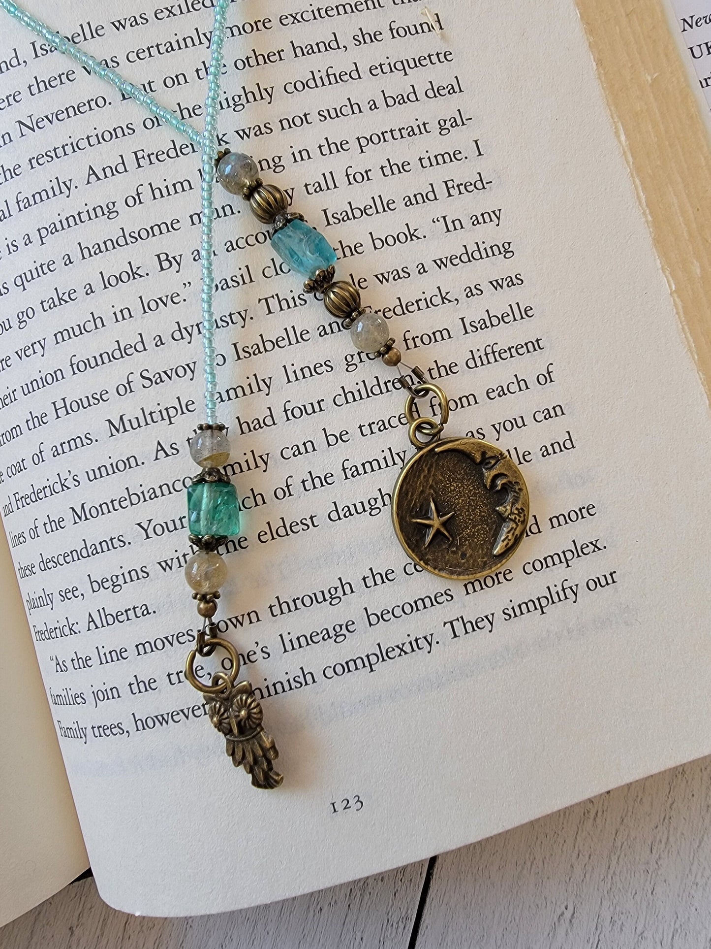 Apatite and Labradorite Beaded Bookmark with Bronze Moon and Owl Charms, Unique Literary Gift