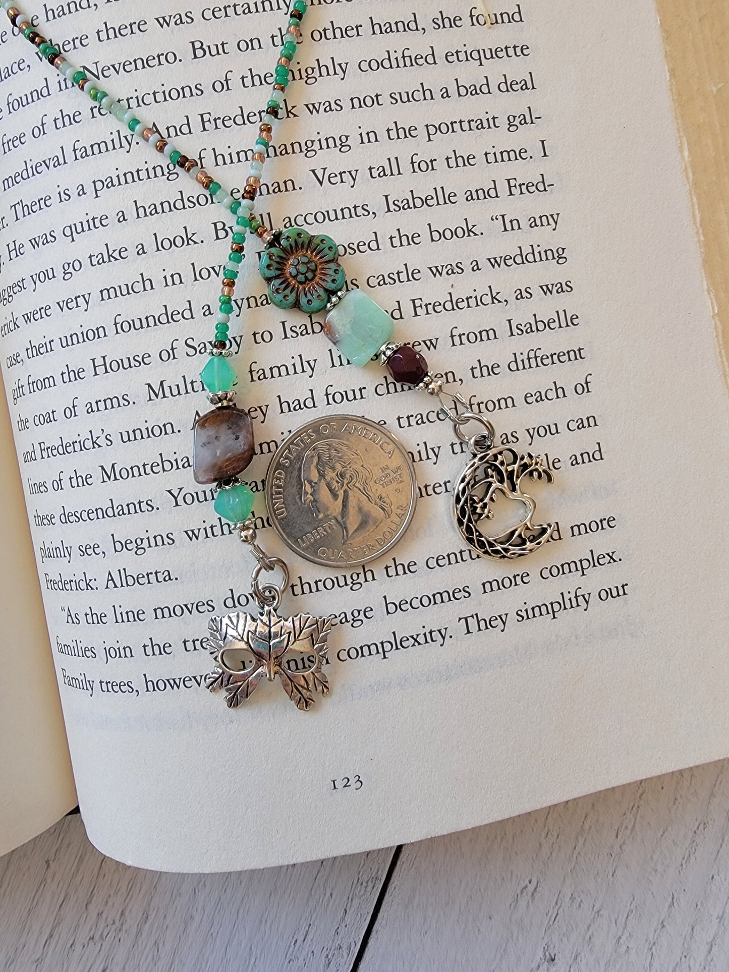 Handcrafted Celtic Green Man Bookmark with Chrysoprase Beads - A Delightful Woodland Accessory for Your Books