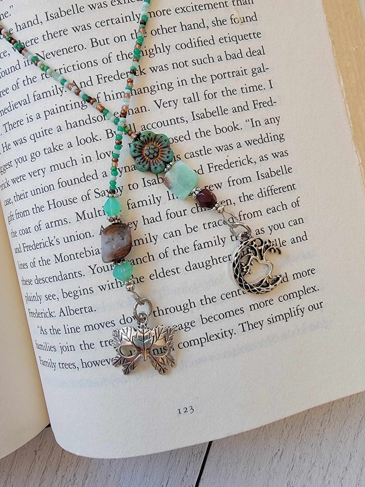 Handcrafted Celtic Green Man Bookmark with Chrysoprase Beads - A Delightful Woodland Accessory for Your Books