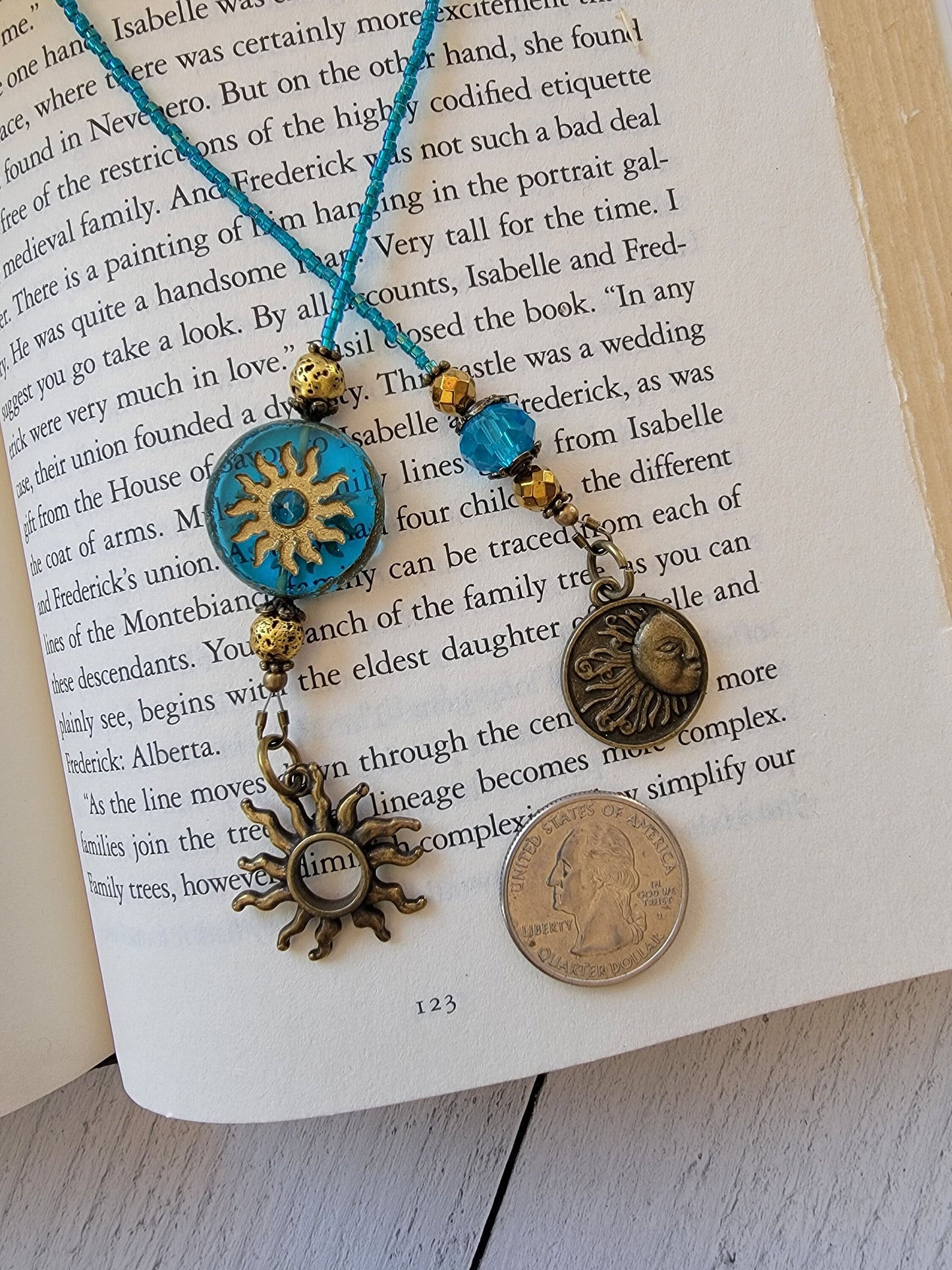 Unique Reader Gift, Teal Blue and Bronze Beaded Bookmark with Sun Theme