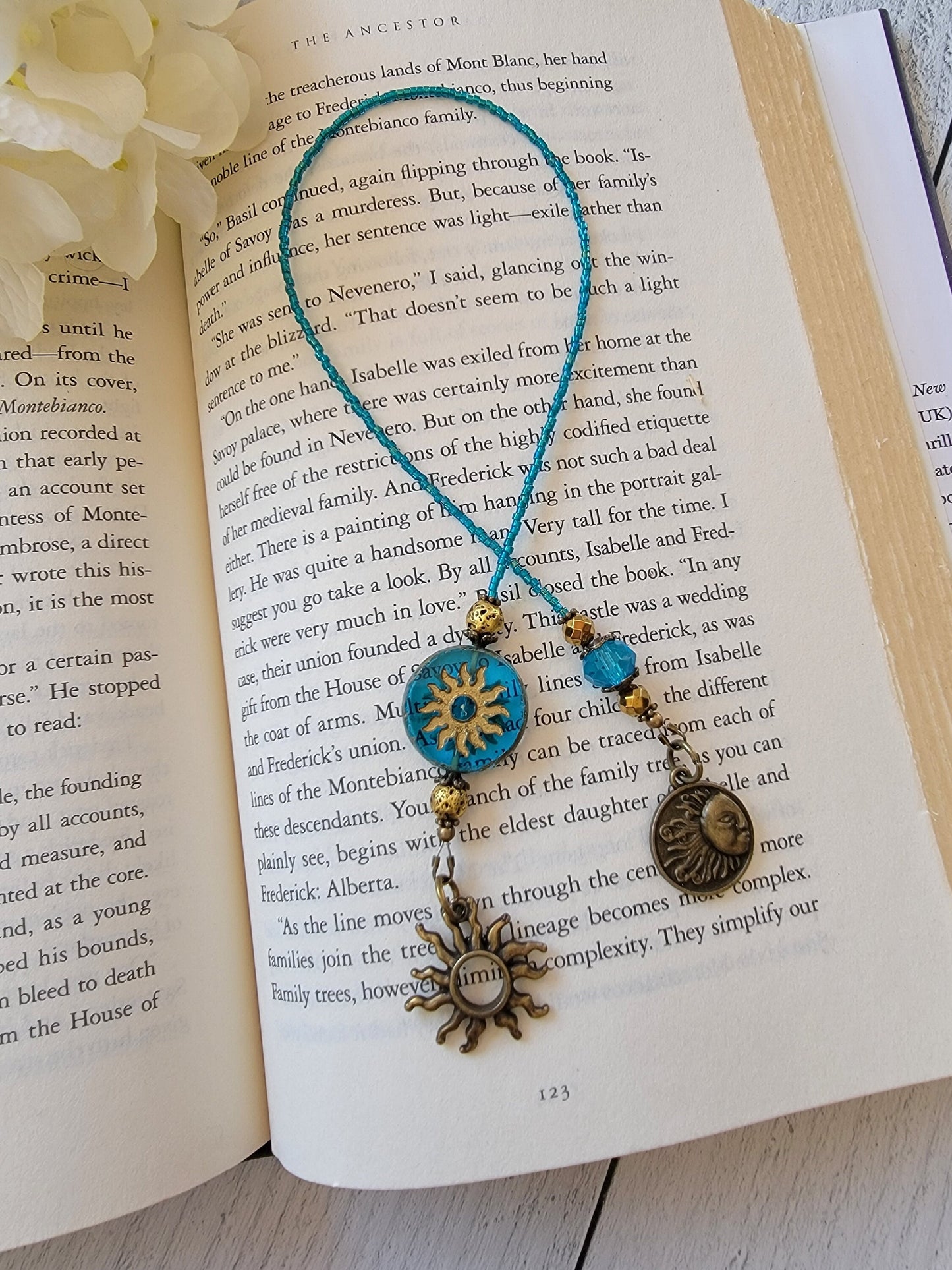 Unique Reader Gift, Teal Blue and Bronze Beaded Bookmark with Sun Theme