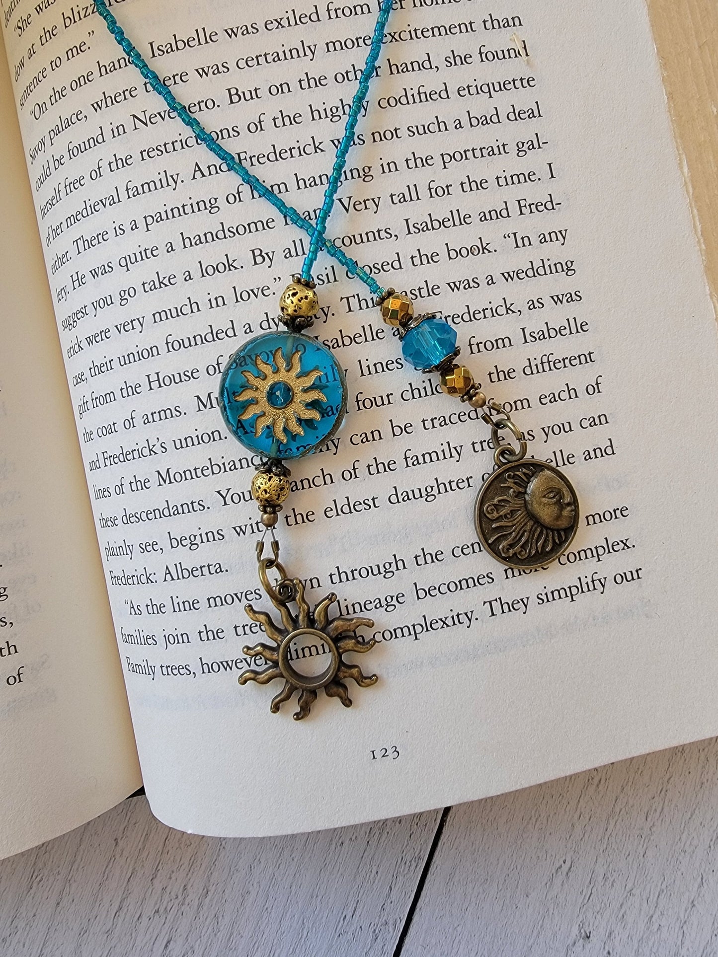 Unique Reader Gift, Teal Blue and Bronze Beaded Bookmark with Sun Theme