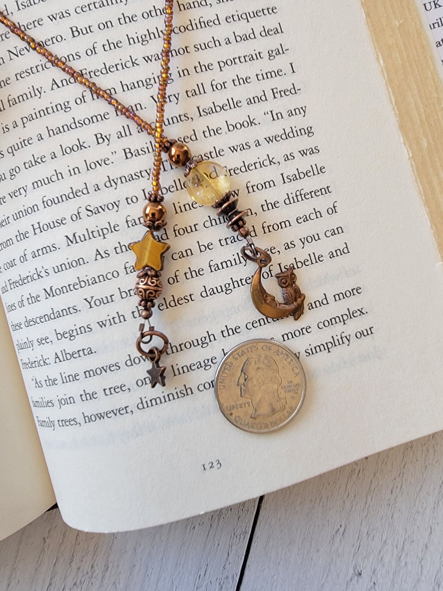 Copper Moon and Owl Bookmark with Beads of Citrine and Tiger's Eye