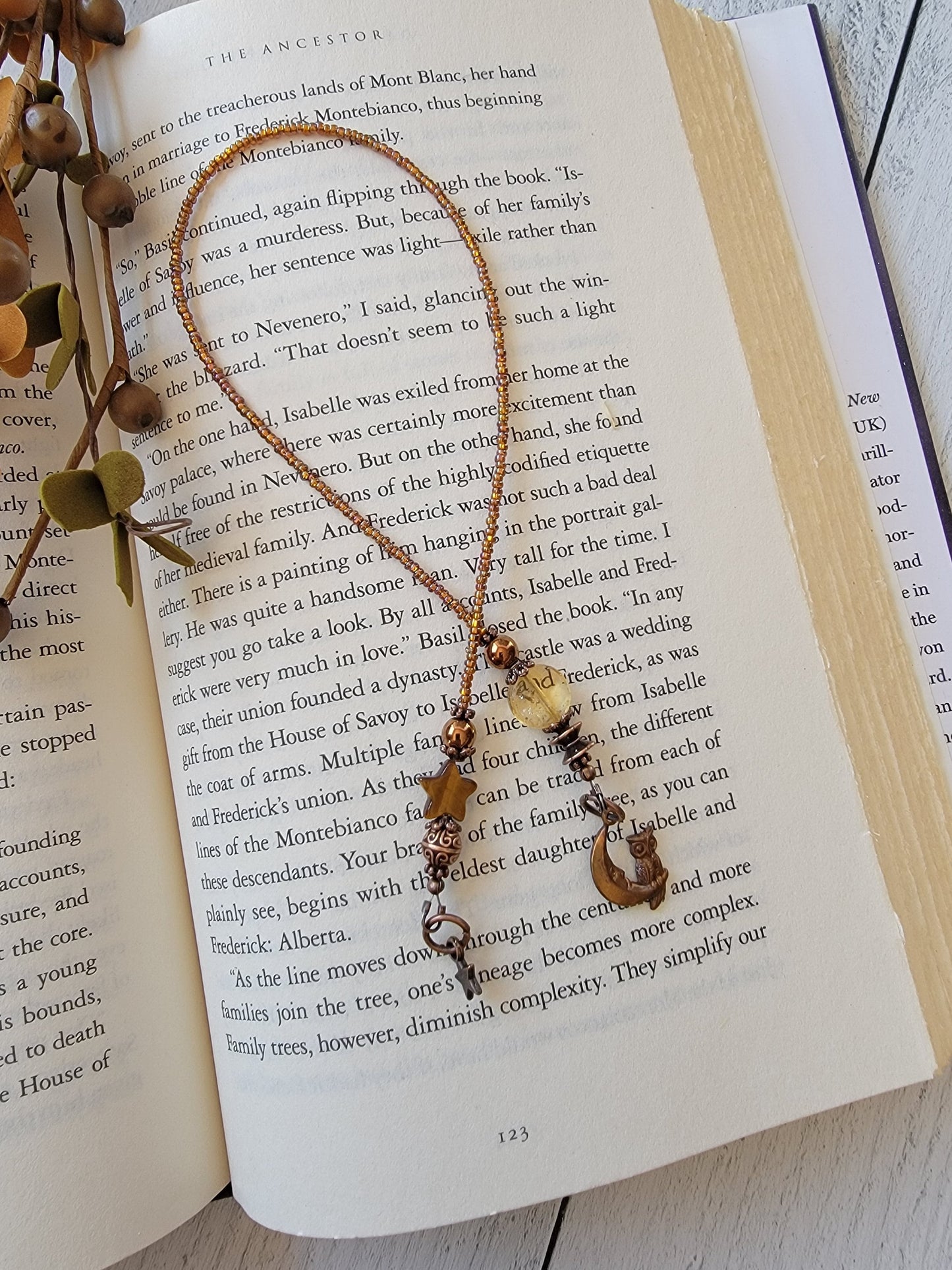 Copper Moon and Owl Bookmark with Beads of Citrine and Tiger's Eye