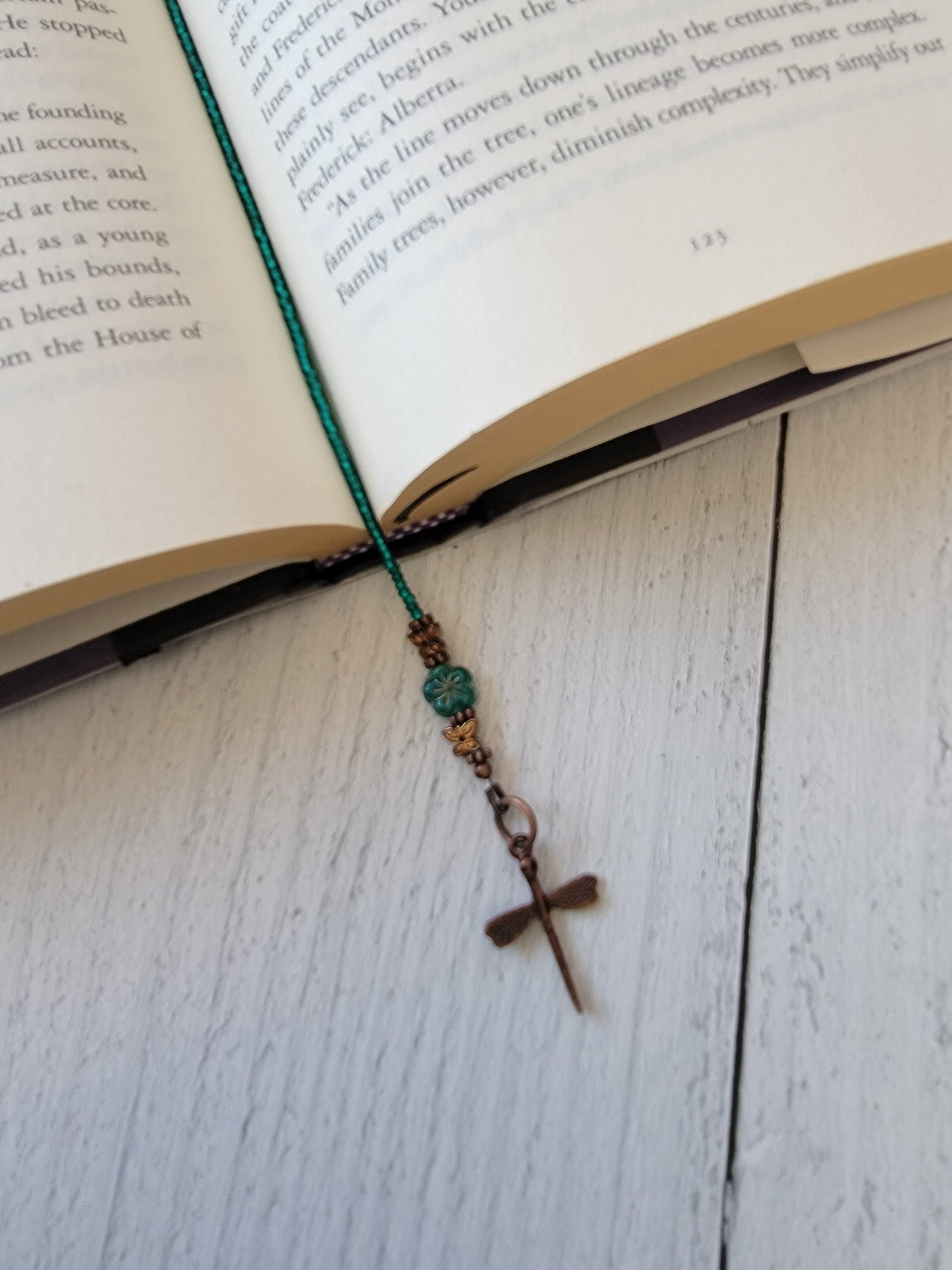 Unique Copper Dragonfly Beaded Bookmark featuring Sweet Floral and Butterfly Embellishments