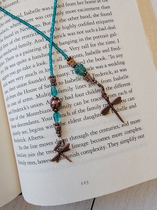 Unique Copper Dragonfly Beaded Bookmark featuring Sweet Floral and Butterfly Embellishments