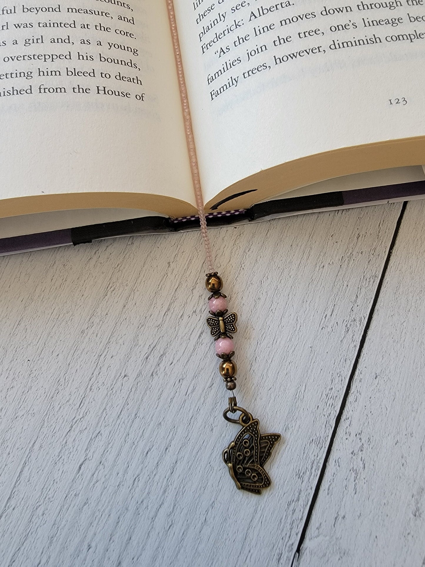 Whimsical Beaded Bookmark with Butterfly and Flower Charms - Handcrafted Pink Heart Accent