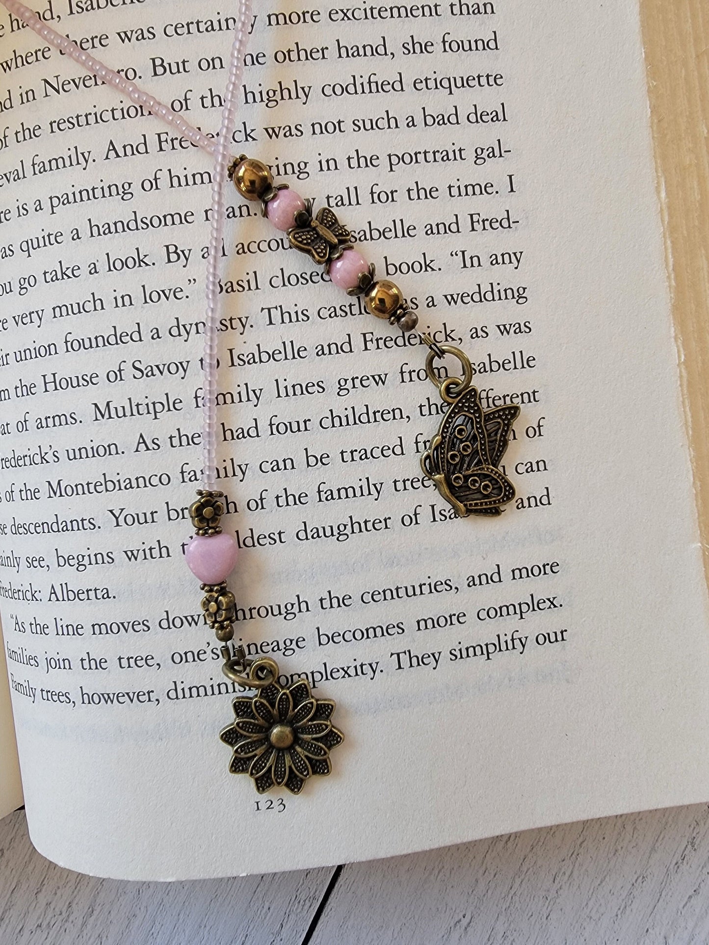 Whimsical Beaded Bookmark with Butterfly and Flower Charms - Handcrafted Pink Heart Accent