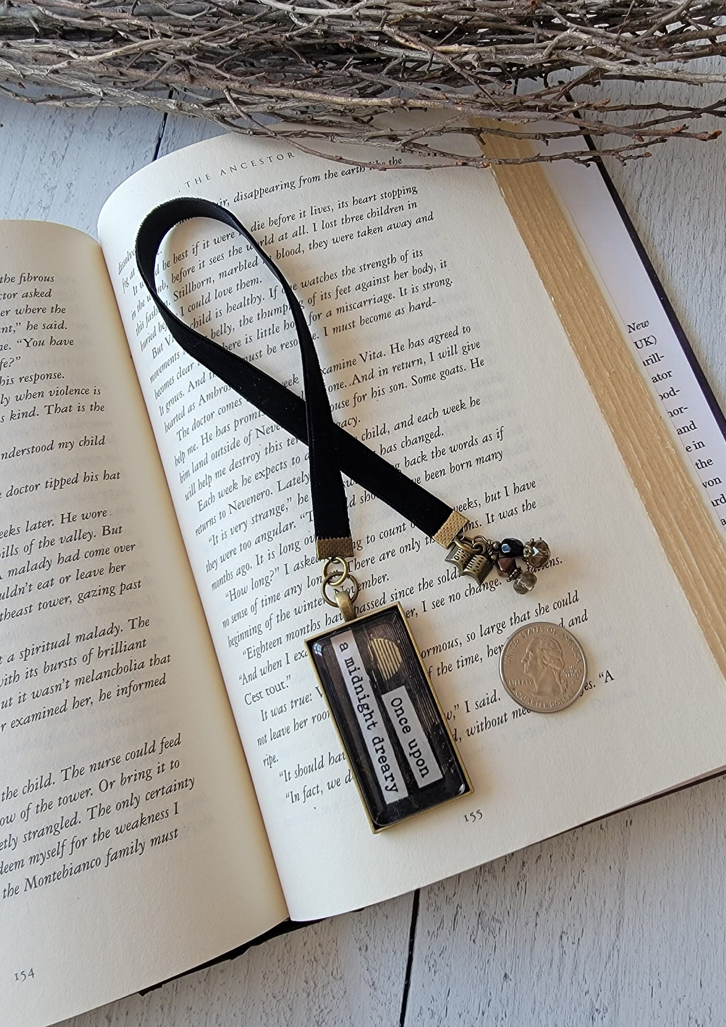 Unique Literary Gift: Quote Midnight Dreary Bookmark with Antique-style Book Charm for Bibliophiles