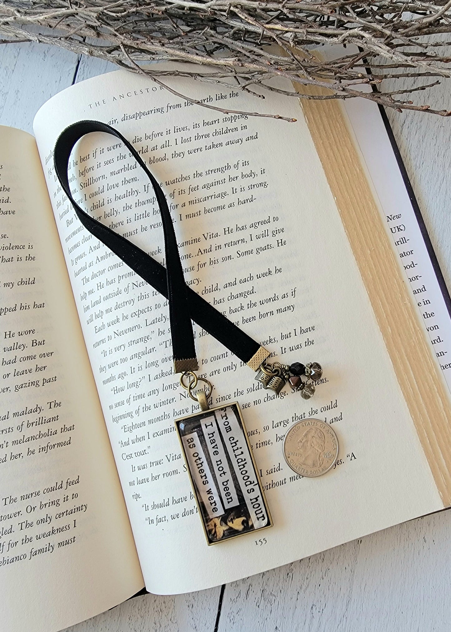 Unique Literary Gift: Quote From Childhood's Hour Bookmark with Antique-style Book Charm for Bibliophiles