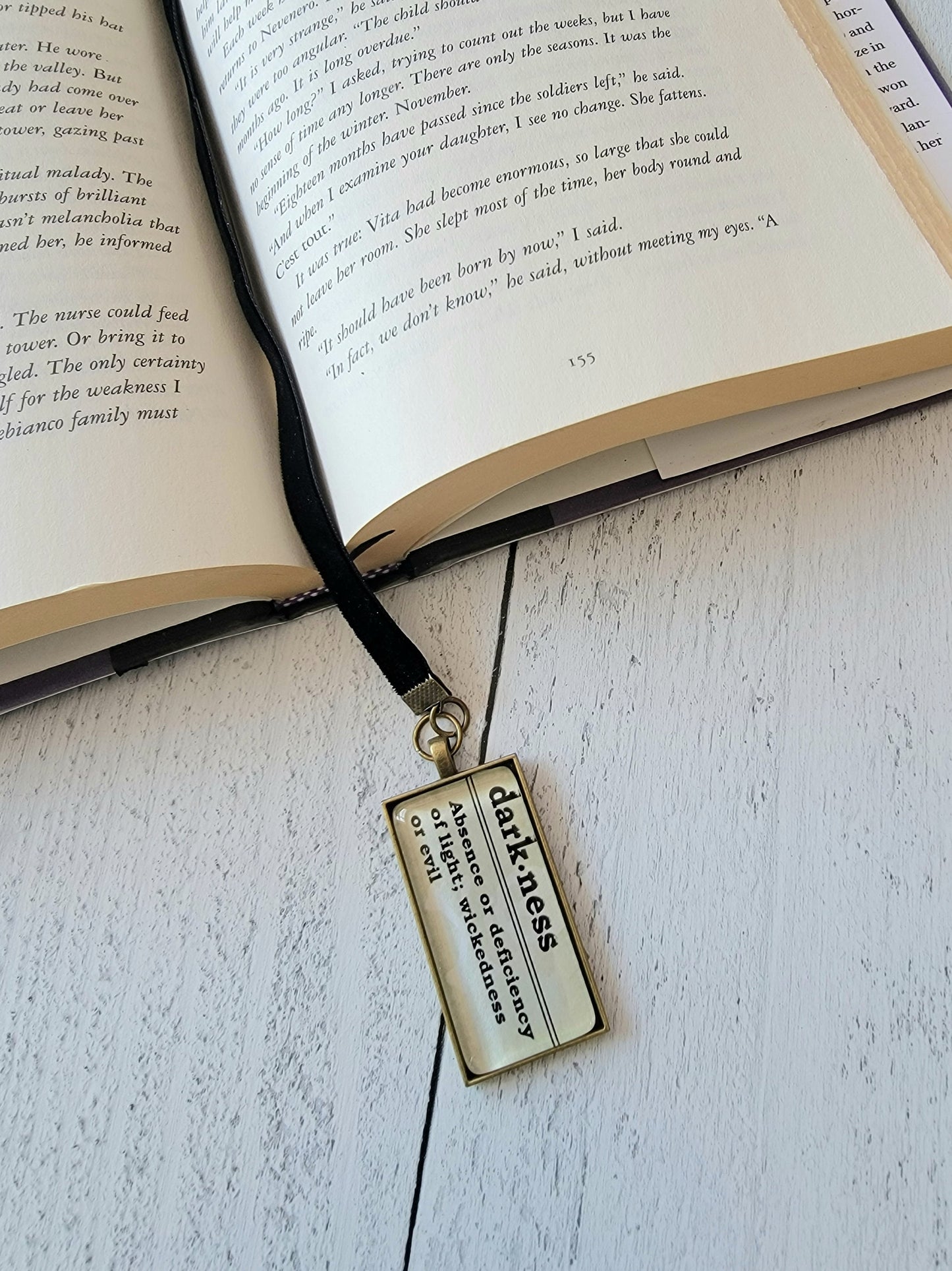 Dark Gothic Velvet Ribbon Bookmark with Pendant featuring Definition of Darkness - Unique Literary Gift