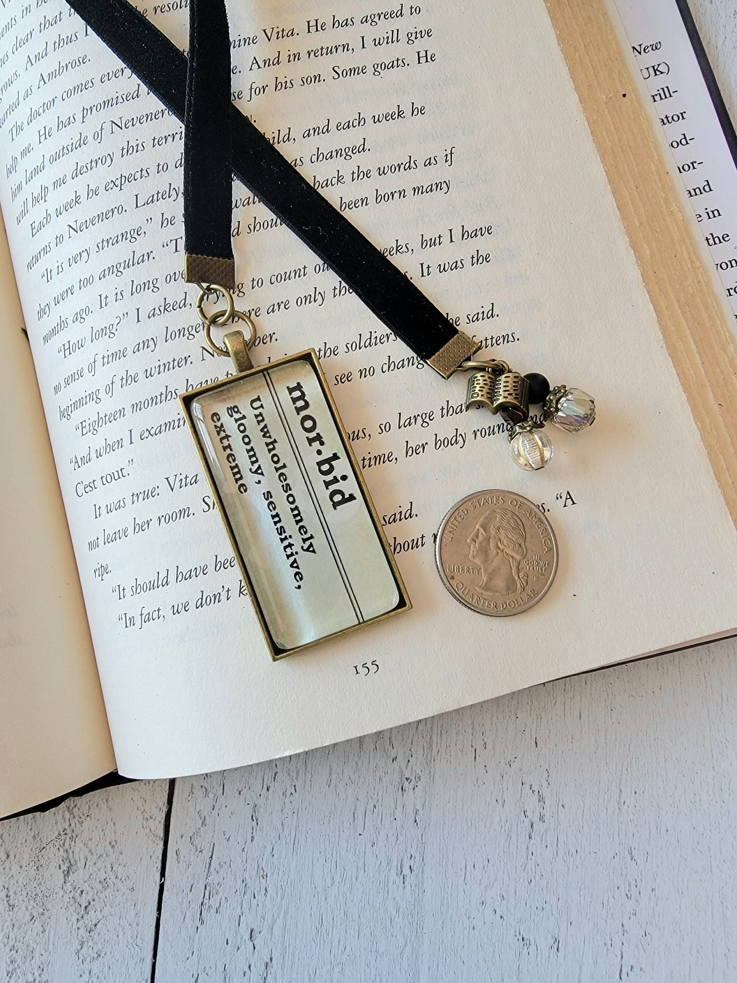 Dark Gothic Velvet Ribbon Bookmark with Pendant featuring Definition of Morbid - Unique Literary Gift