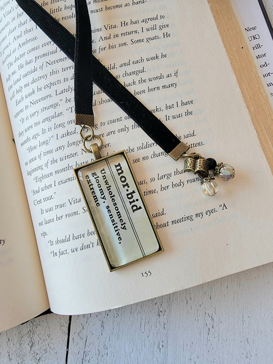 Dark Gothic Velvet Ribbon Bookmark with Pendant featuring Definition of Morbid - Unique Literary Gift
