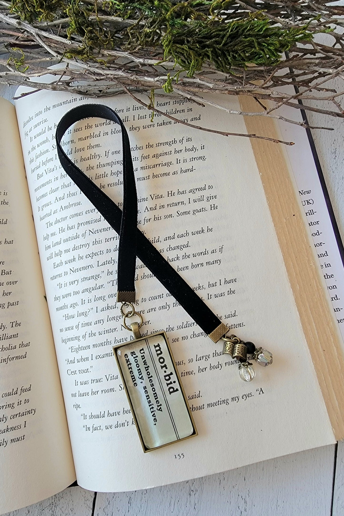 Dark Gothic Velvet Ribbon Bookmark with Pendant featuring Definition of Morbid - Unique Literary Gift