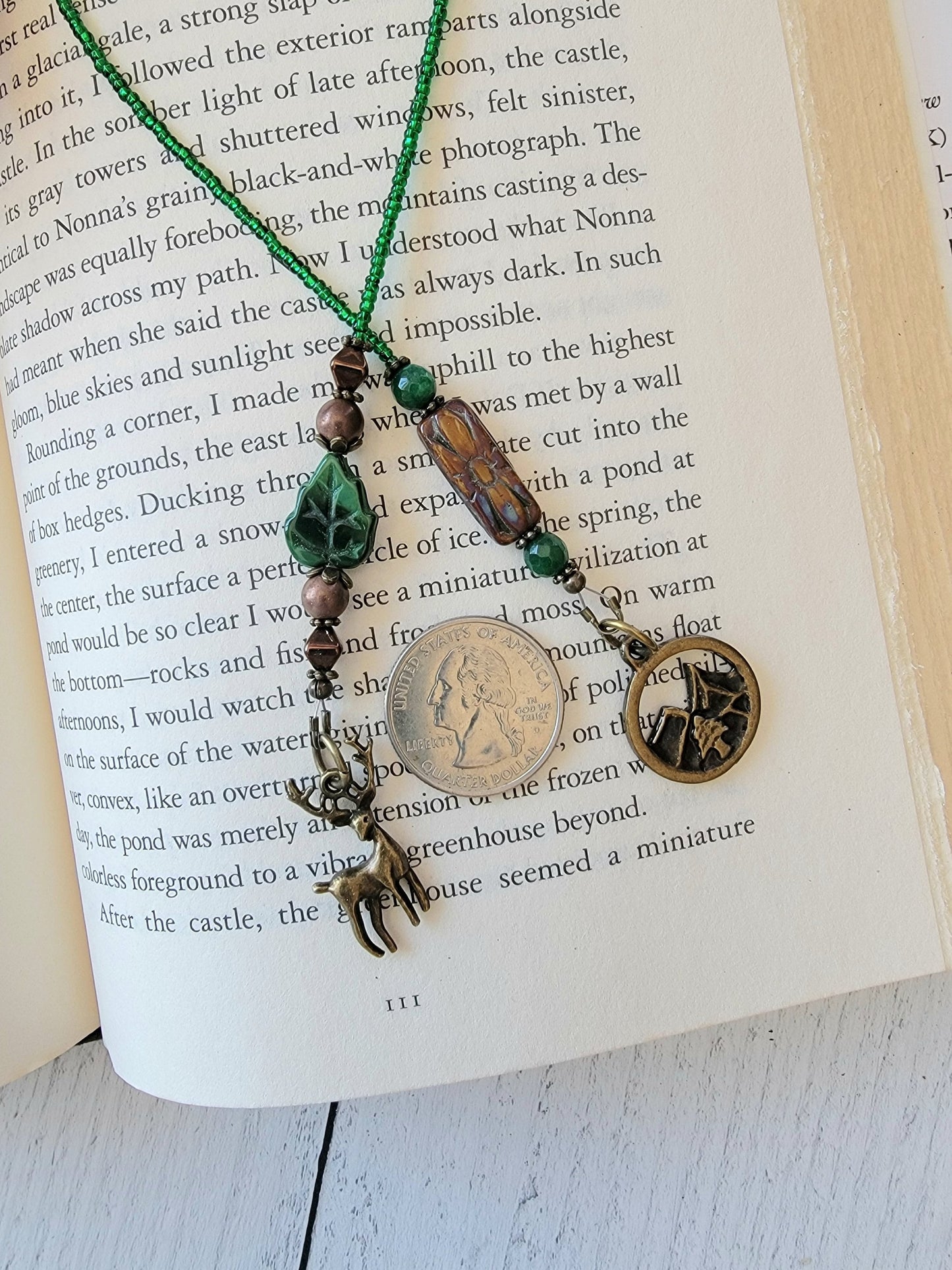 Rustic Chic Beaded Bookmark with Bronze Stag, Mountain Charms